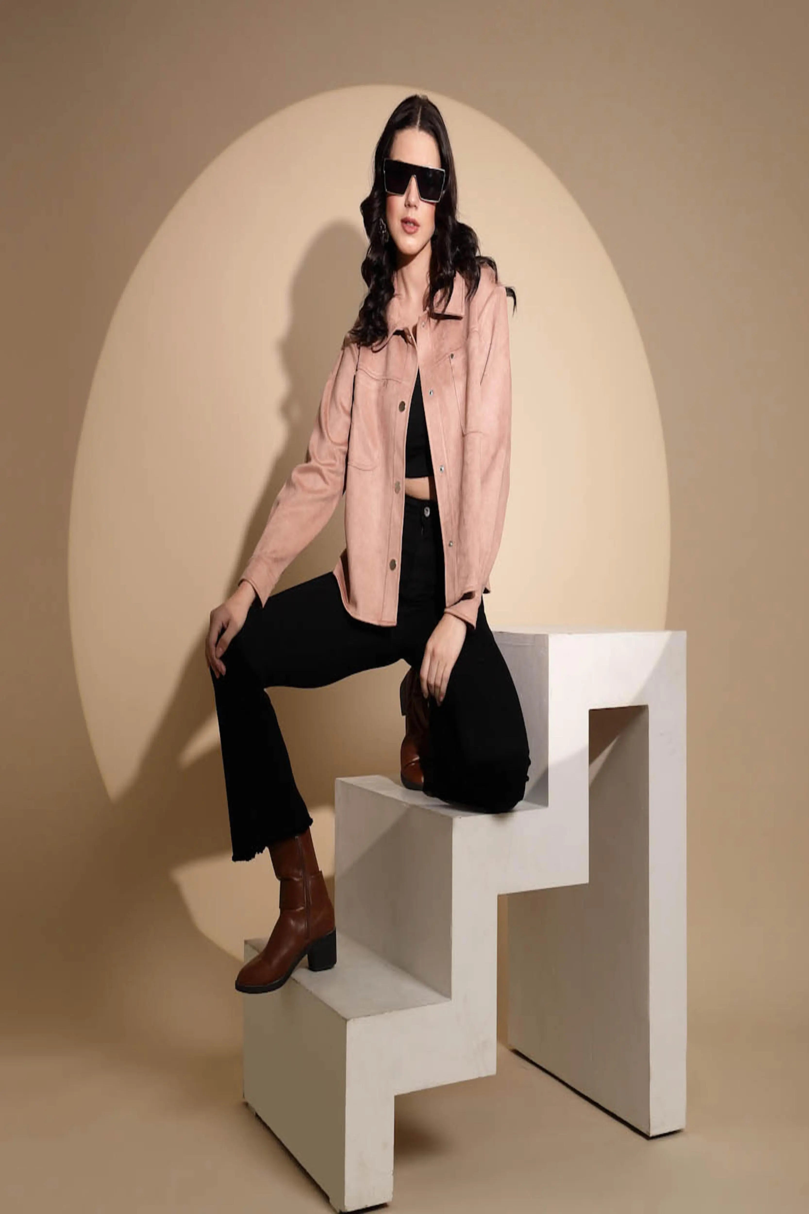 Peach Solid Suede Shacket - Global Republic