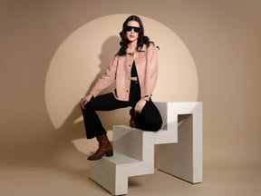 Peach Solid Full Sleeve Collared Neck Suede Shacket