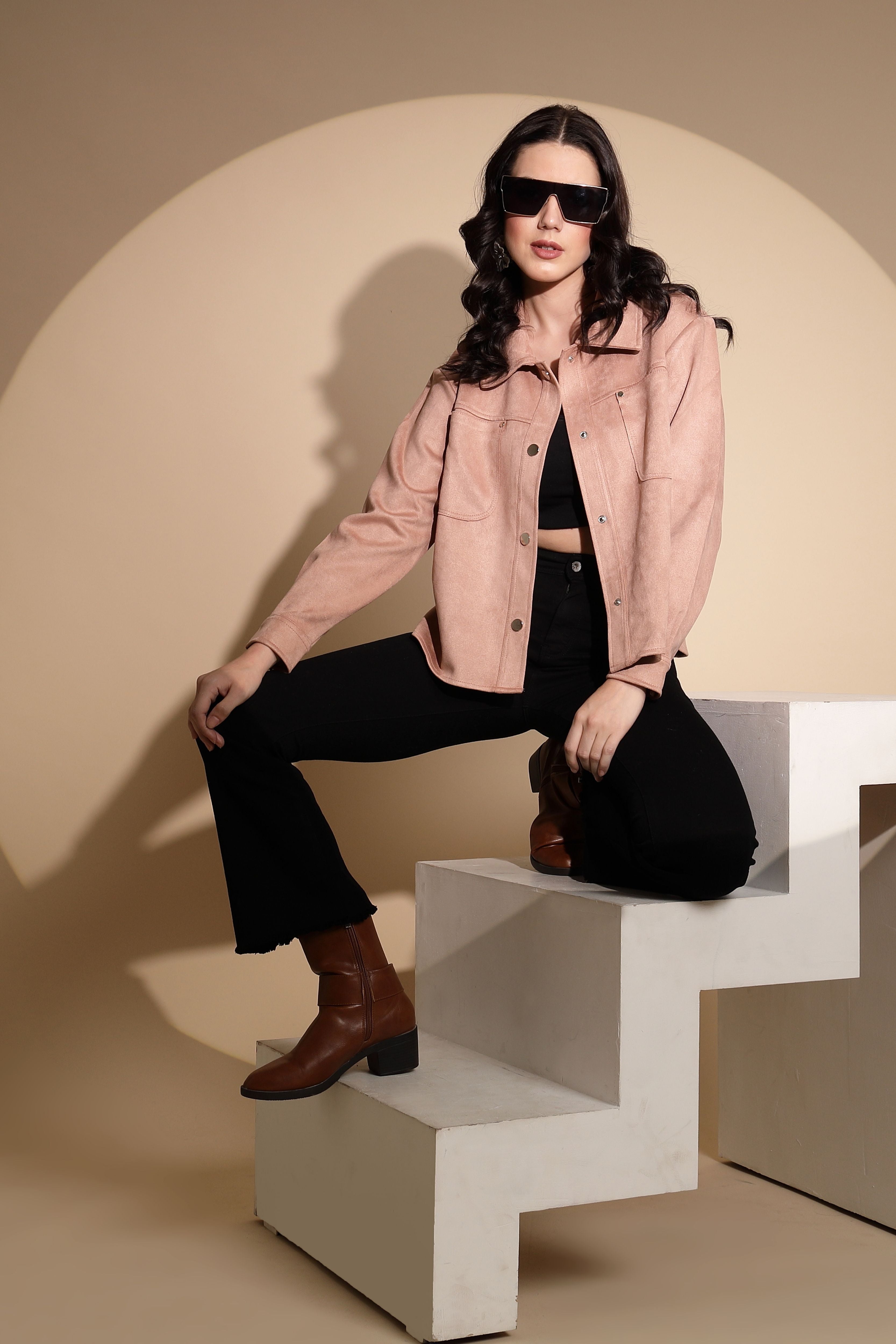 Peach Solid Suede Shacket