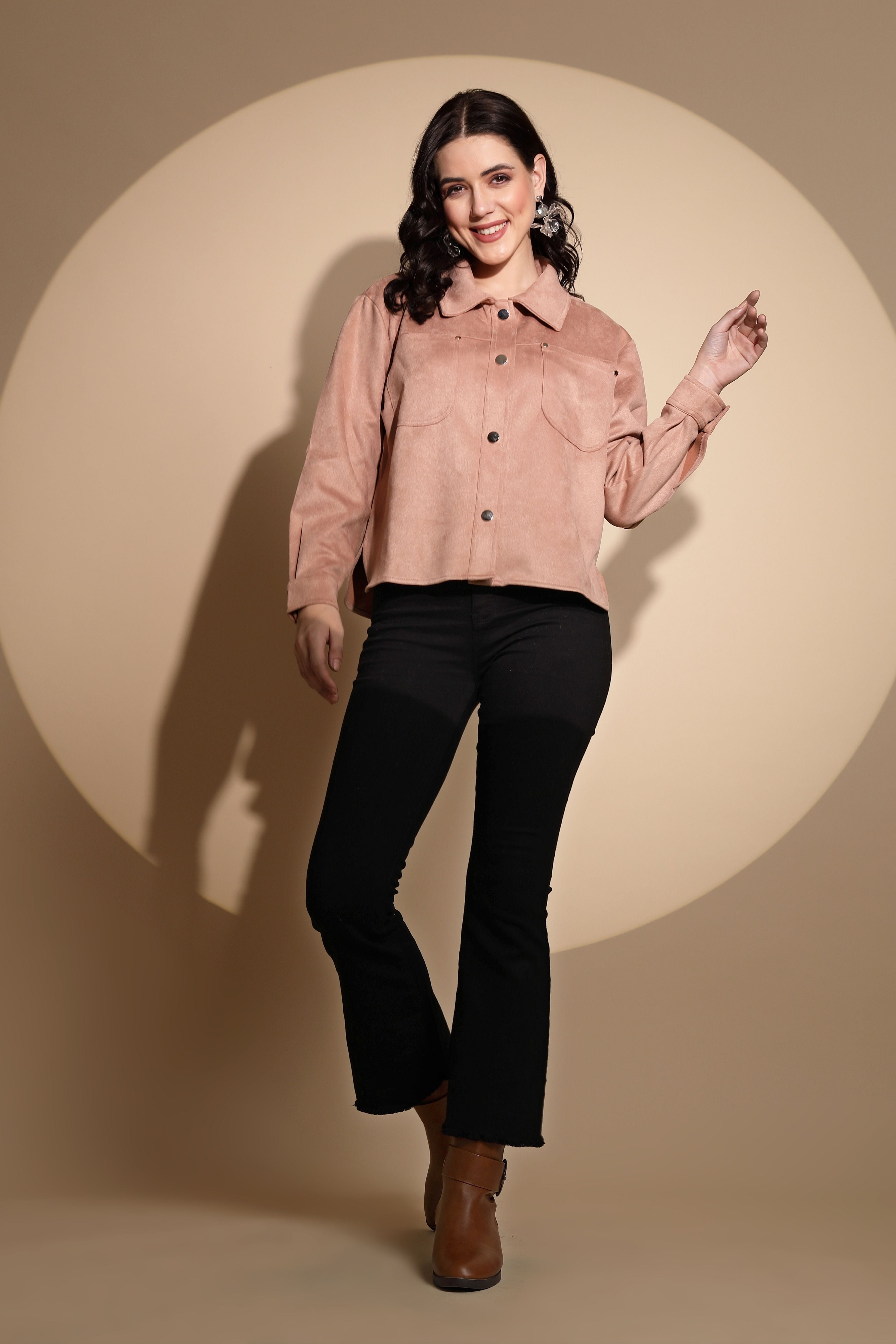 Peach Solid Suede Shacket