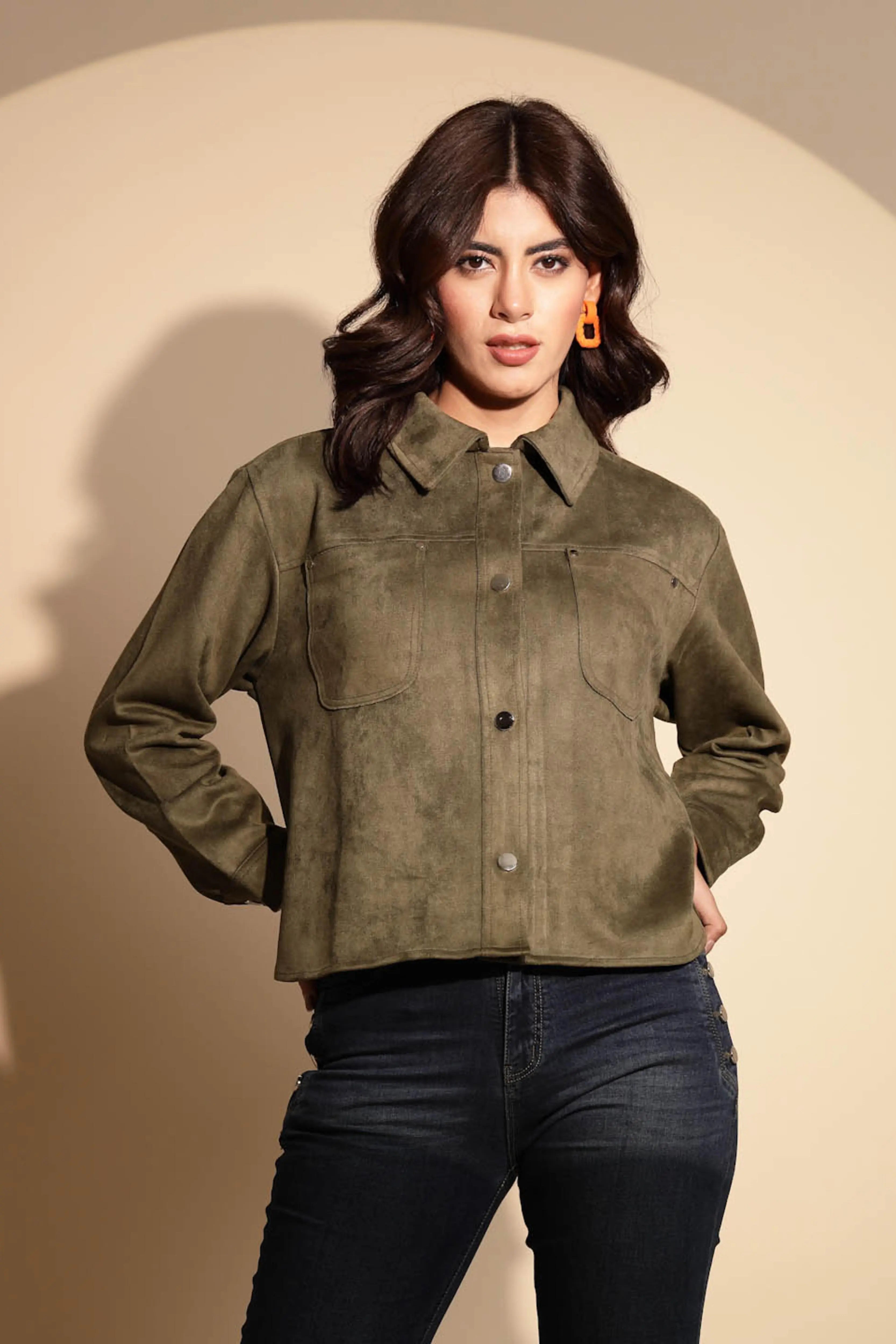 Olive Green Solid Suede Shacket - Global Republic