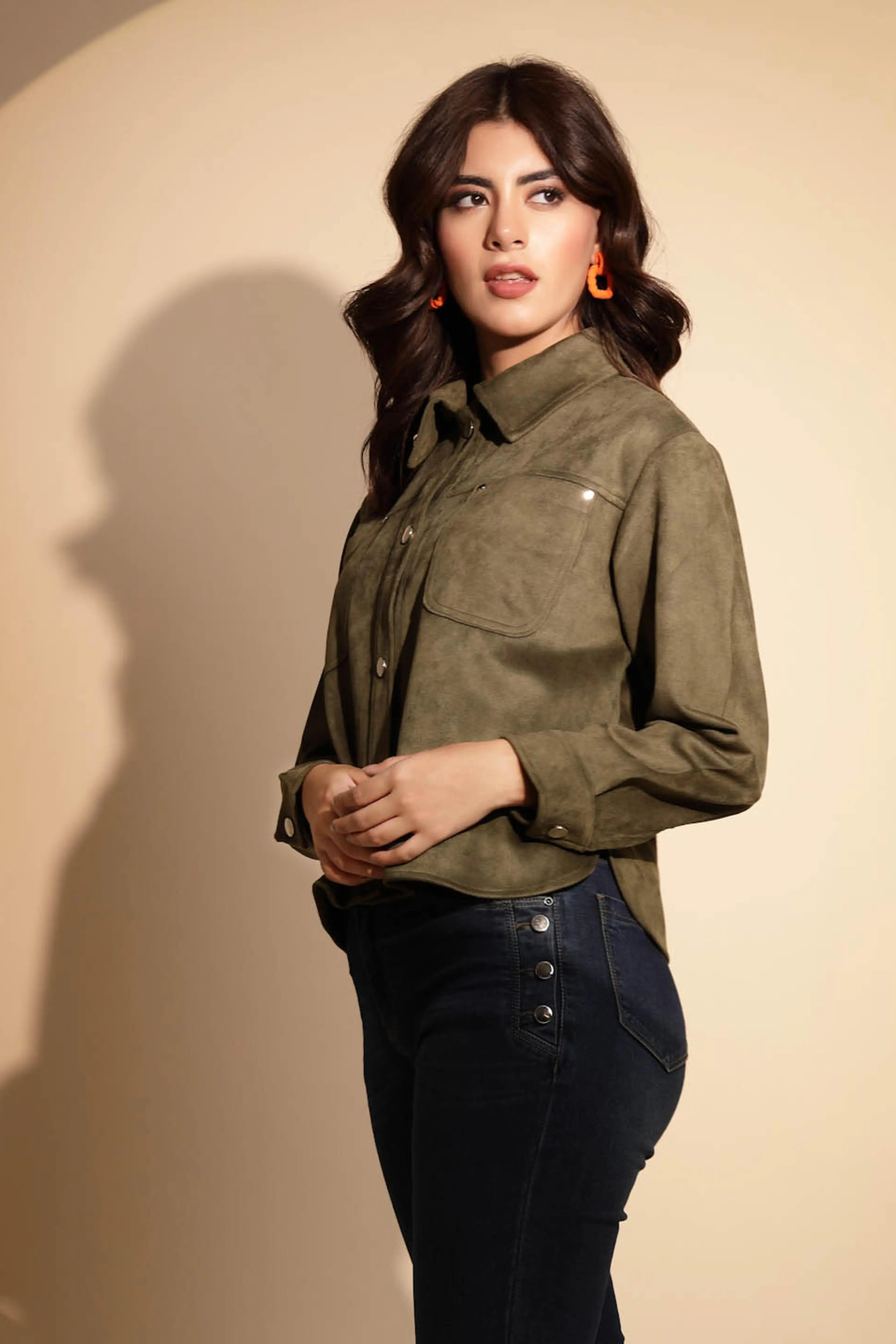 Olive Green Solid Suede Shacket - Global Republic