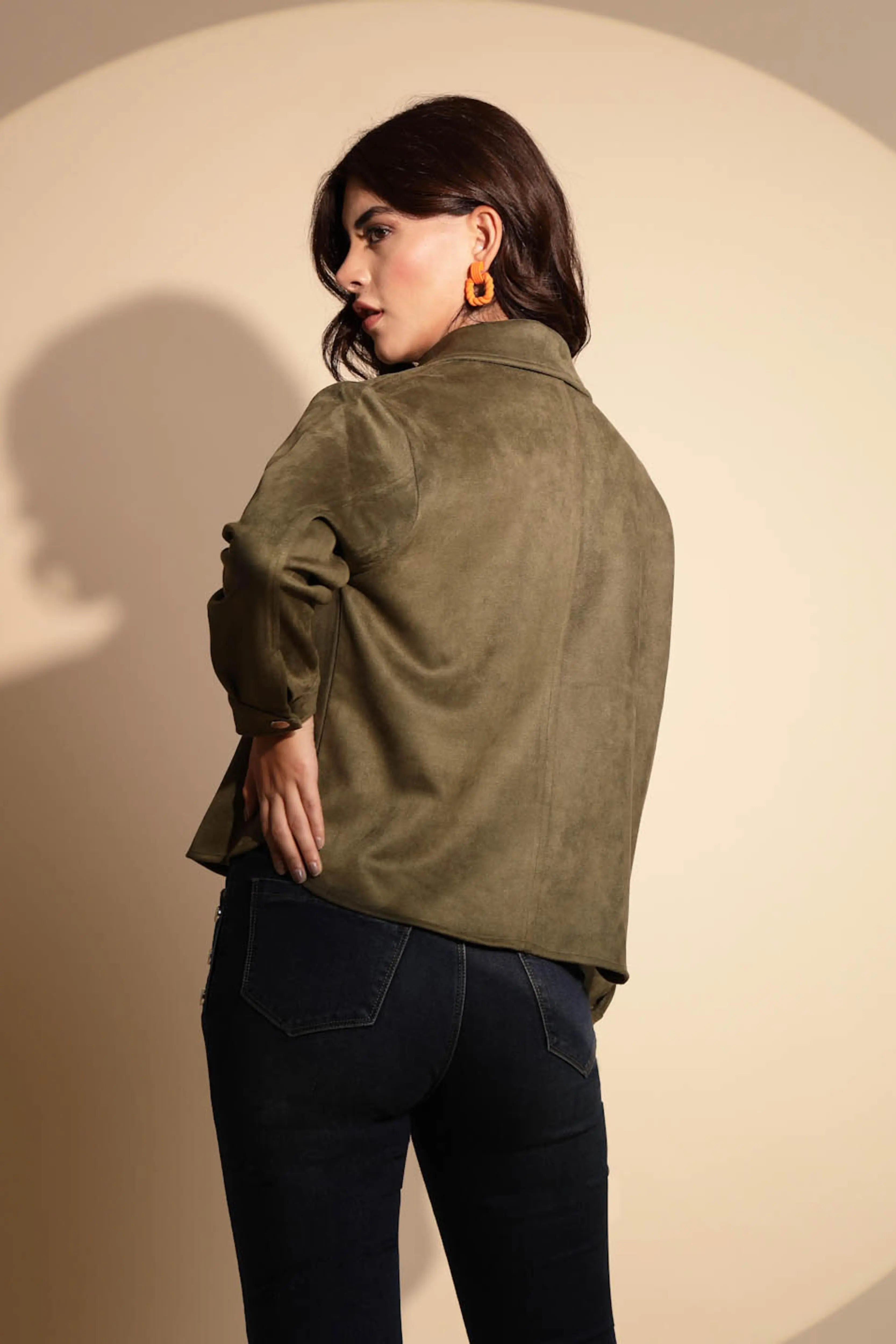 Olive Green Solid Suede Shacket - Global Republic