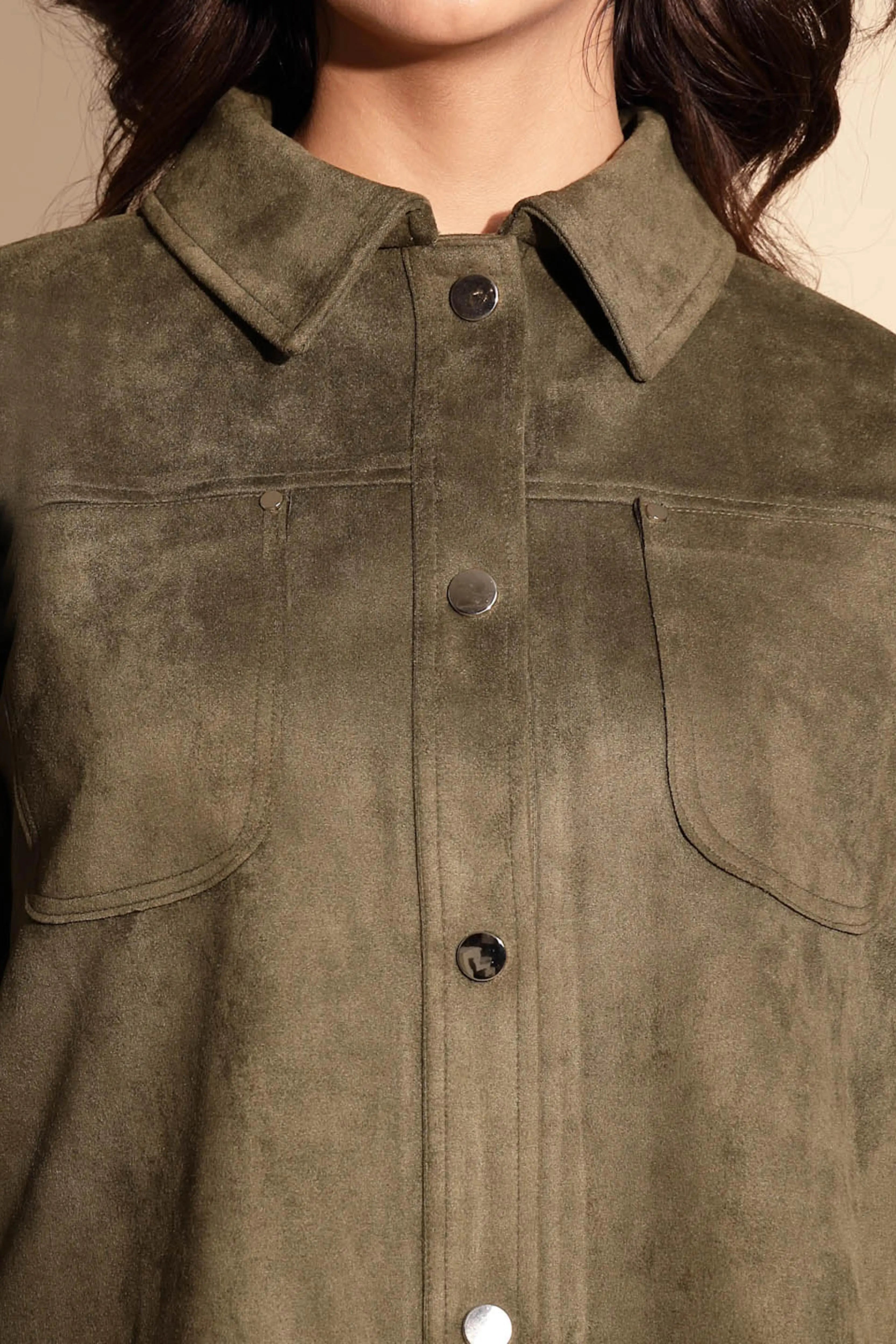Olive Green Solid Suede Shacket - Global Republic