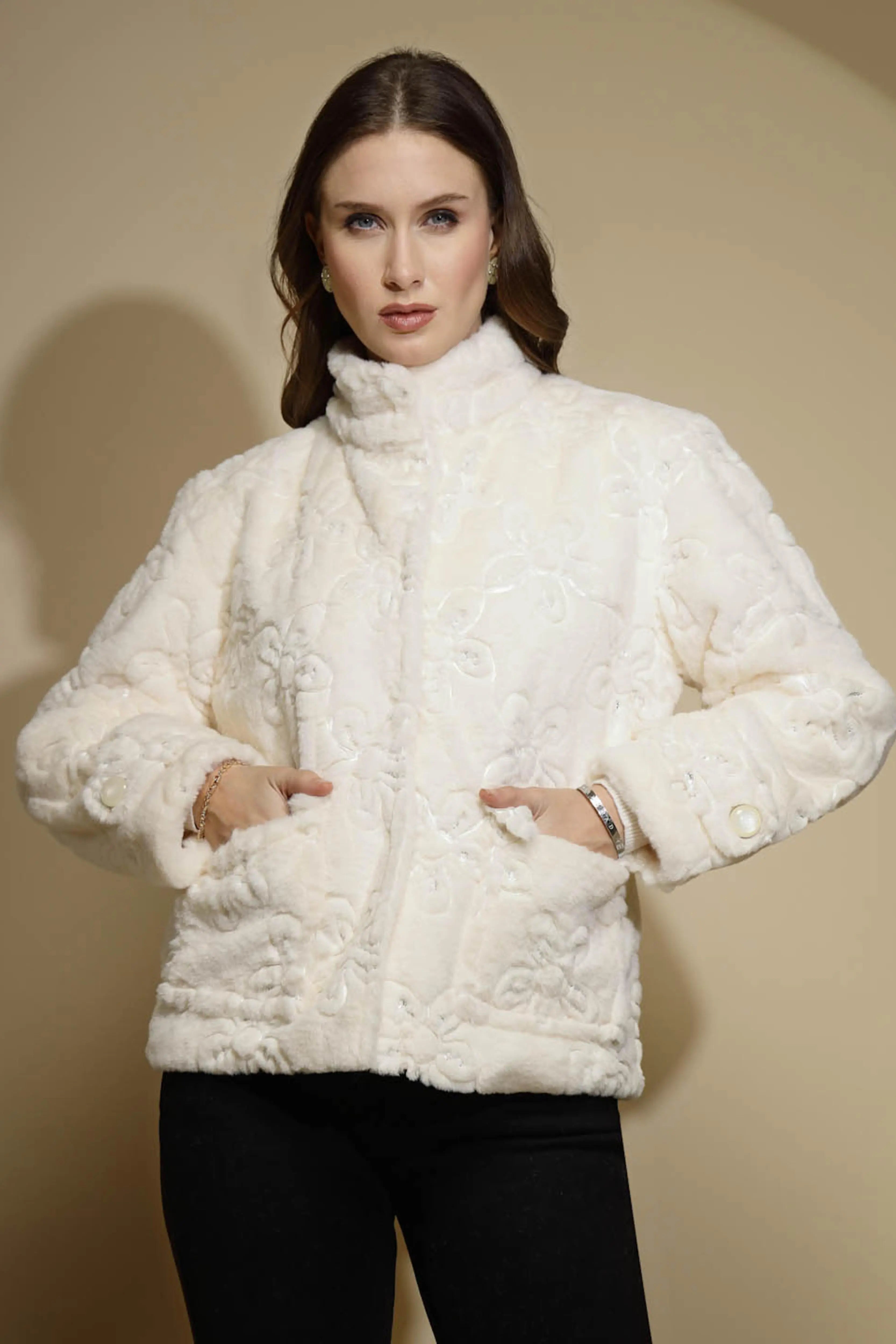 White Embroidered Full Sleeve Turtle Neck Woolen Jacket - Global Republic