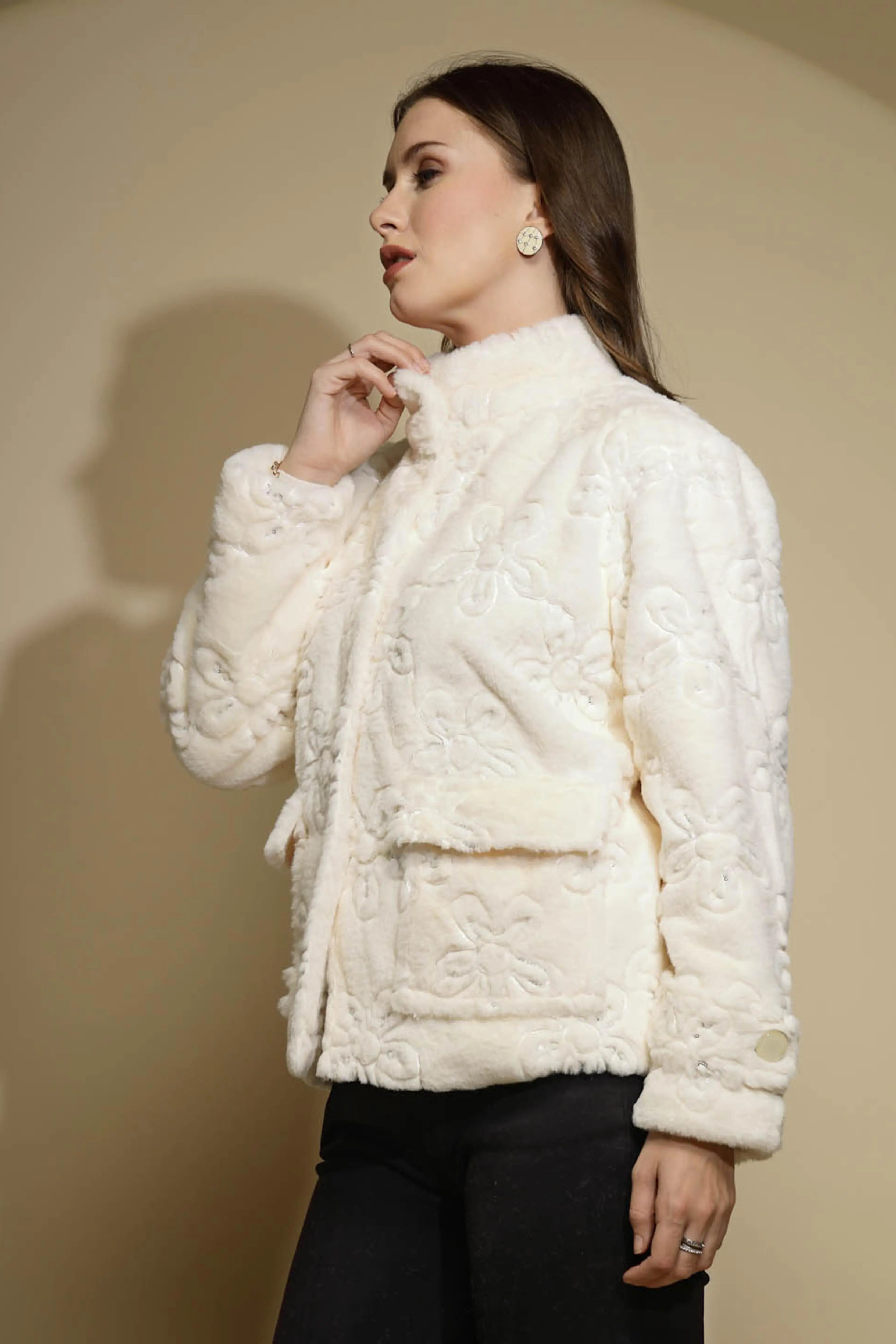White Embroidered Full Sleeve Turtle Neck Woolen Jacket - Global Republic
