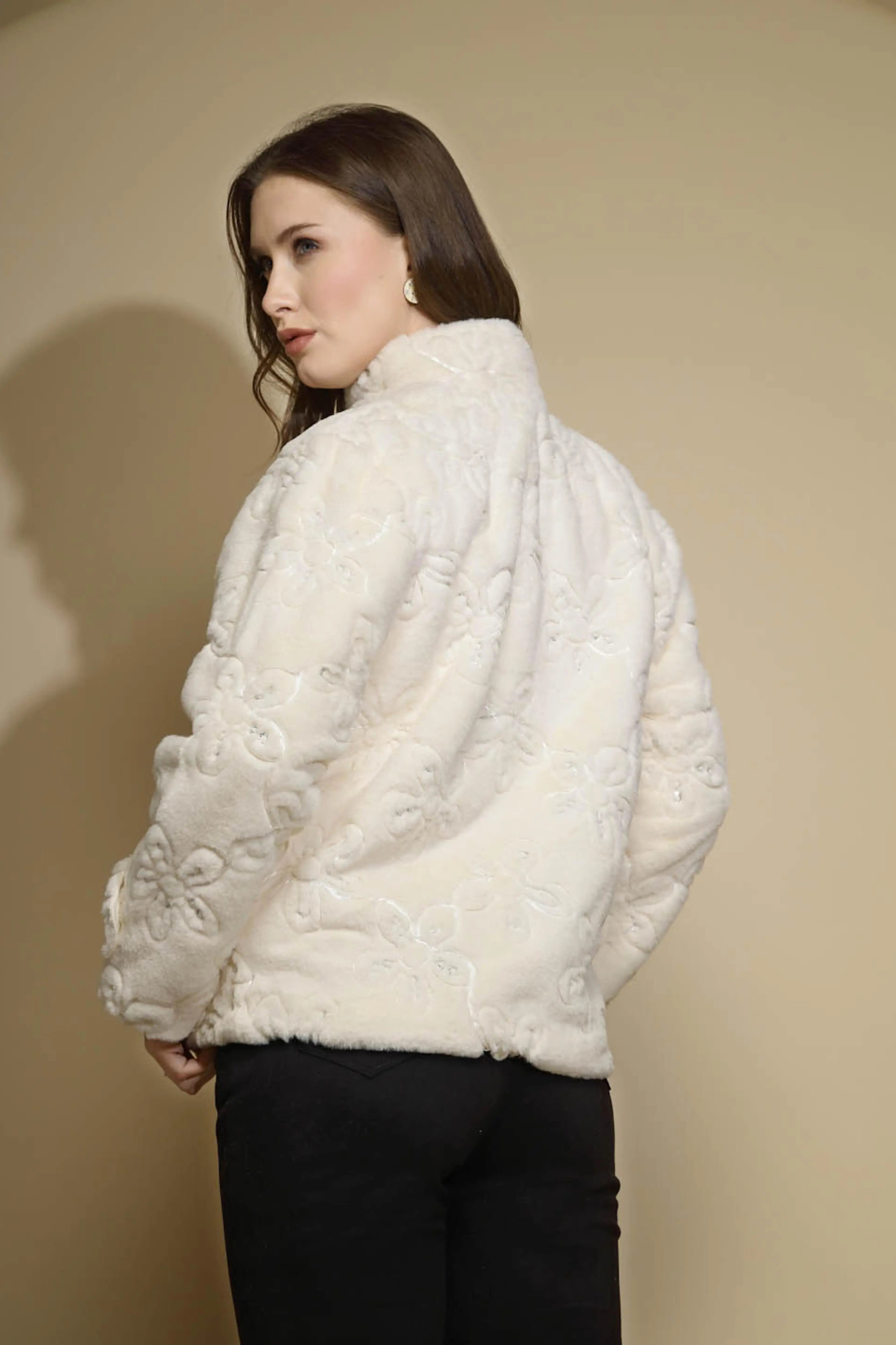 White Embroidered Full Sleeve Turtle Neck Woolen Jacket - Global Republic