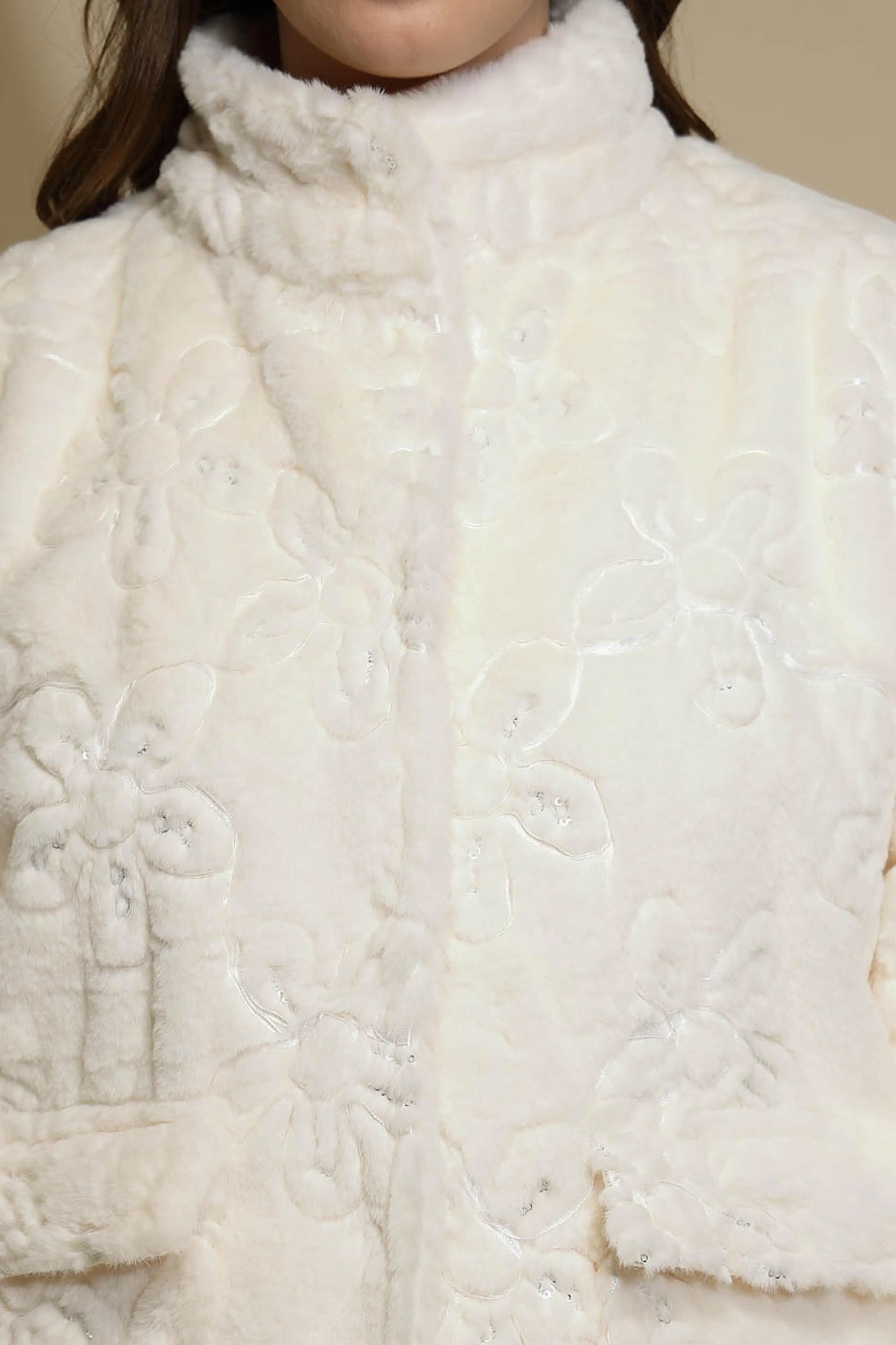 White Embroidered Full Sleeve Turtle Neck Woolen Jacket - Global Republic