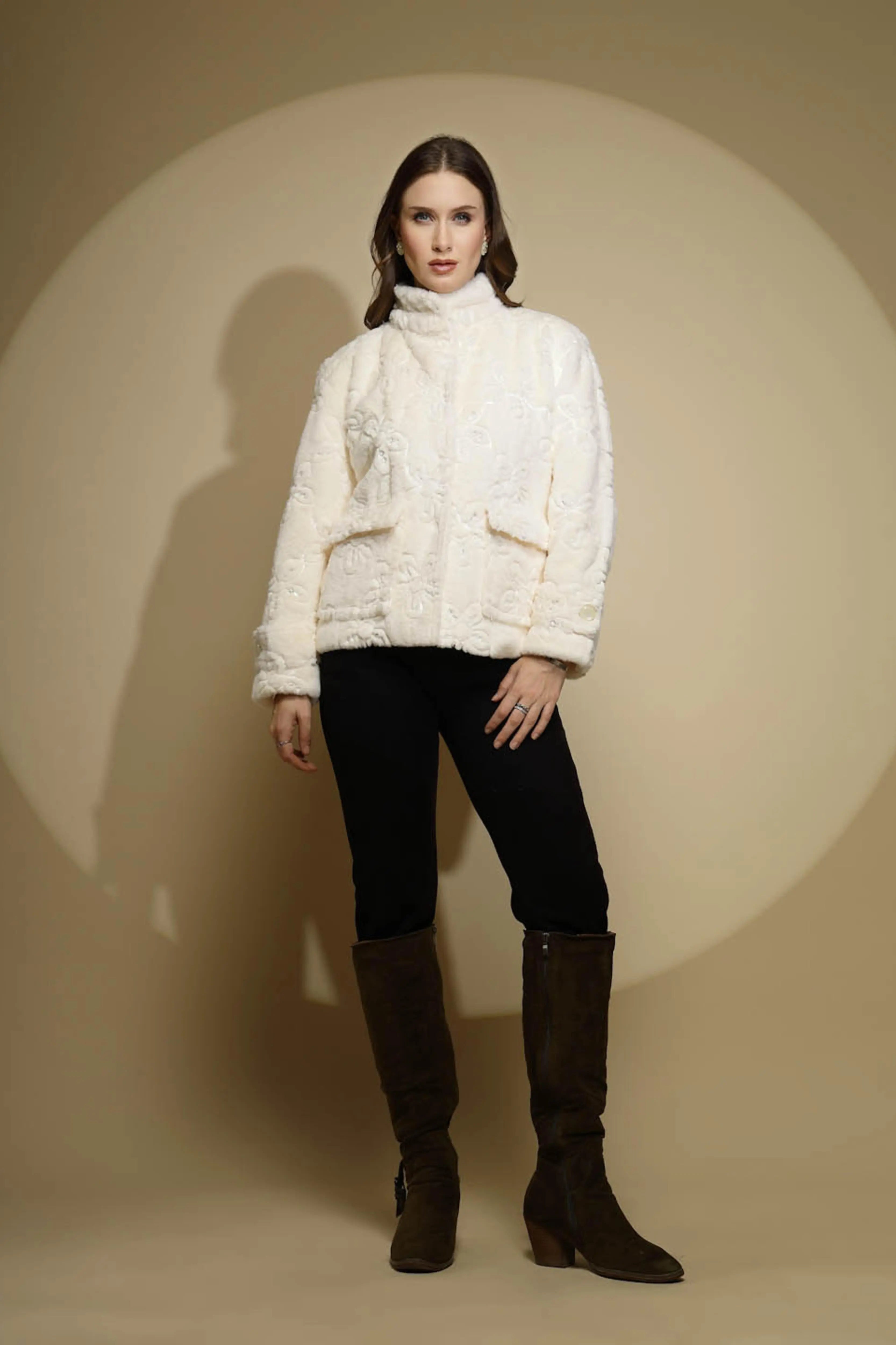 White Embroidered Full Sleeve Turtle Neck Woolen Jacket - Global Republic