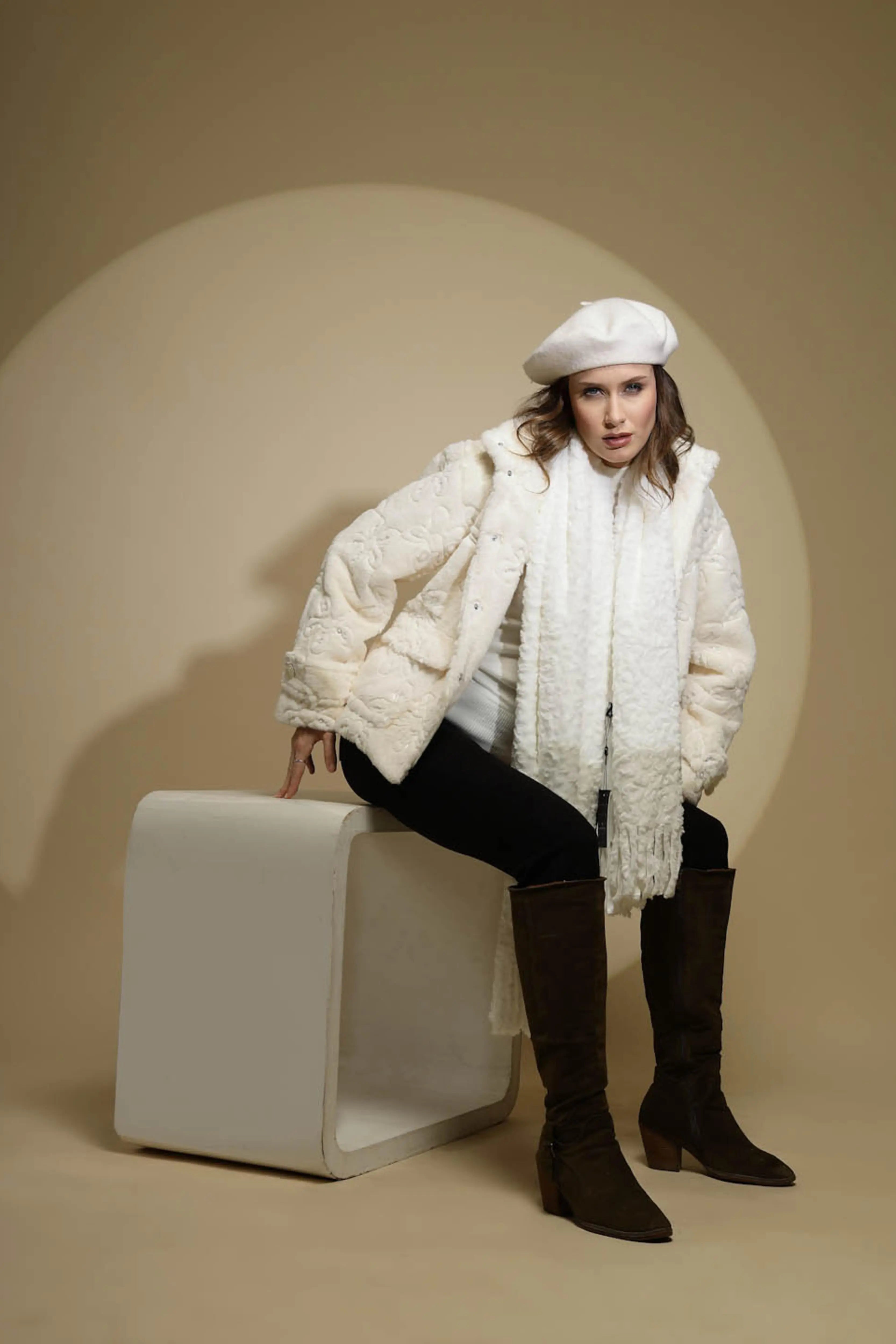 White Embroidered Full Sleeve Turtle Neck Woolen Jacket - Global Republic