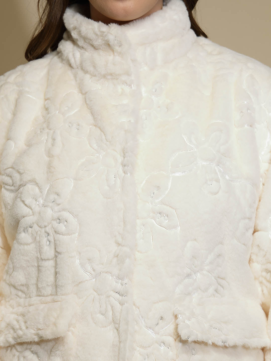 White Embroidered Full Sleeve Turtle Neck Woolen Jacket - Global Republic
