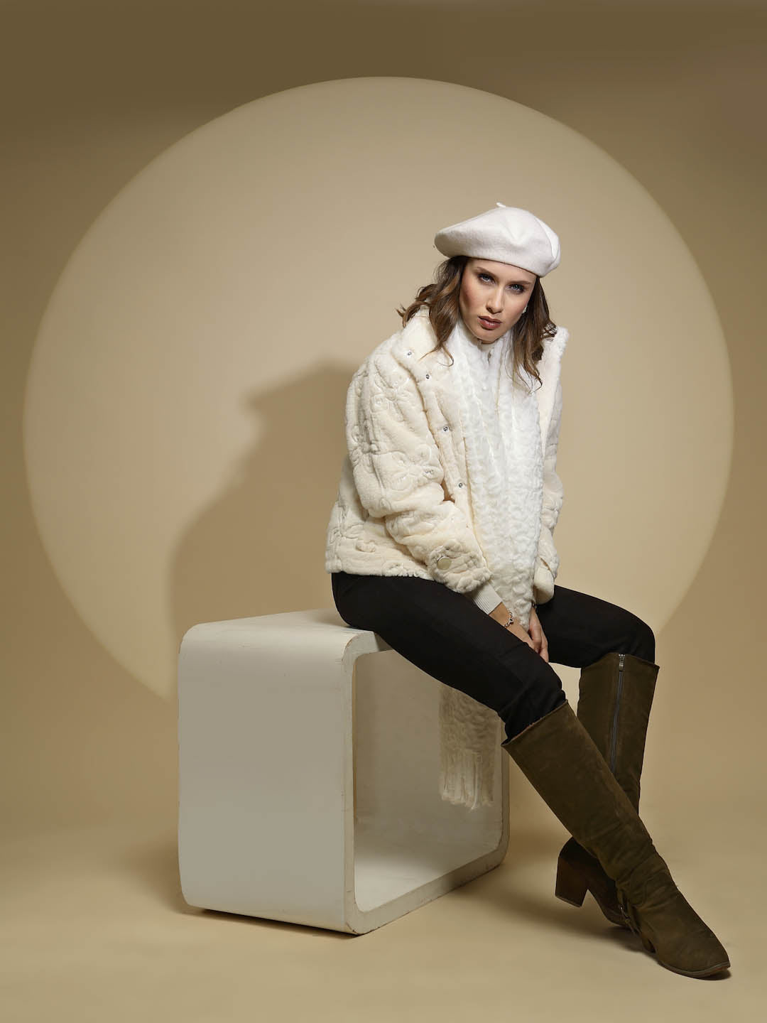 White Embroidered Full Sleeve Turtle Neck Woolen Jacket - Global Republic