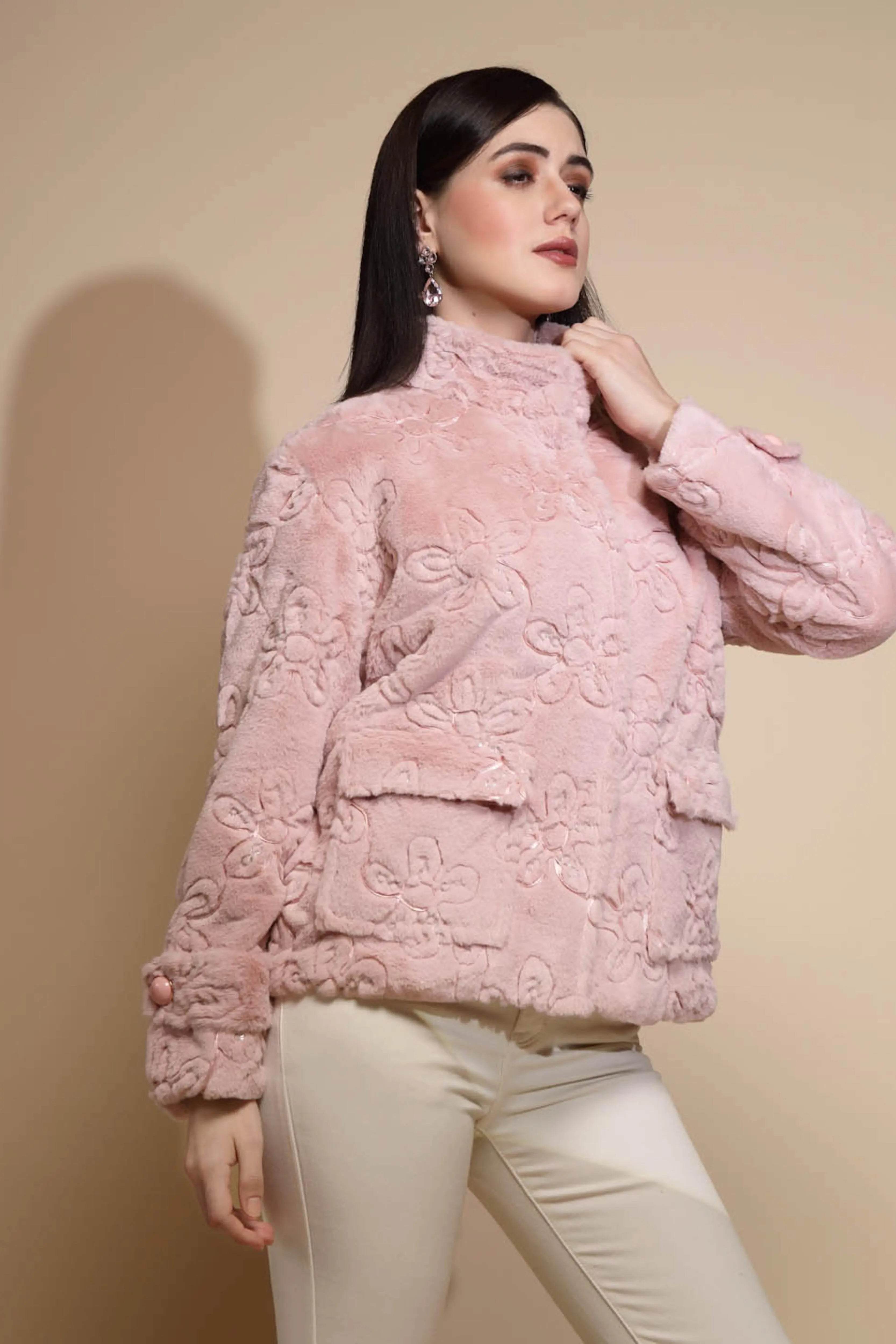 Pink Embroidered Woolen Jacket - Global Republic