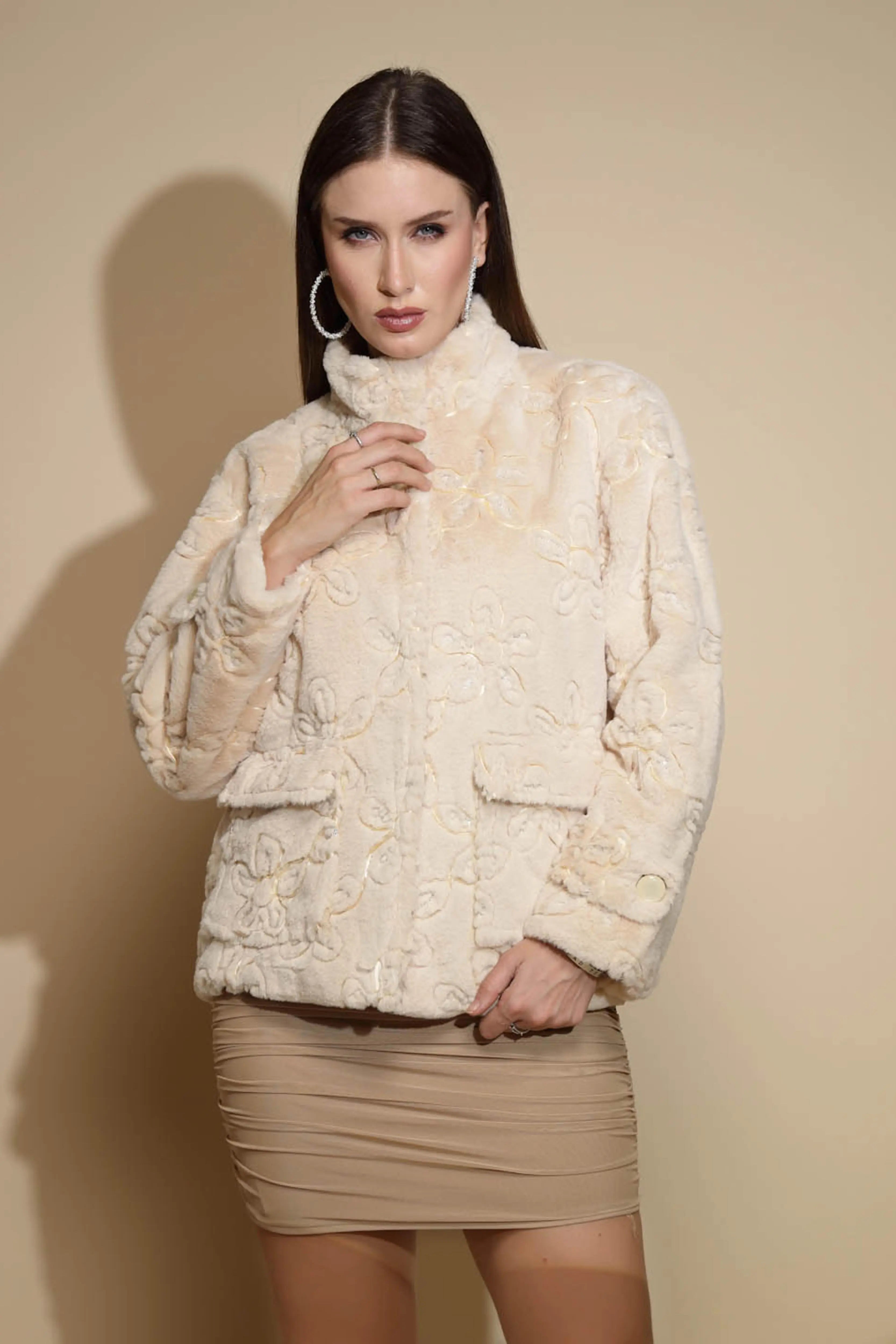Beige Embossed Woollen Jacket - Global Republic