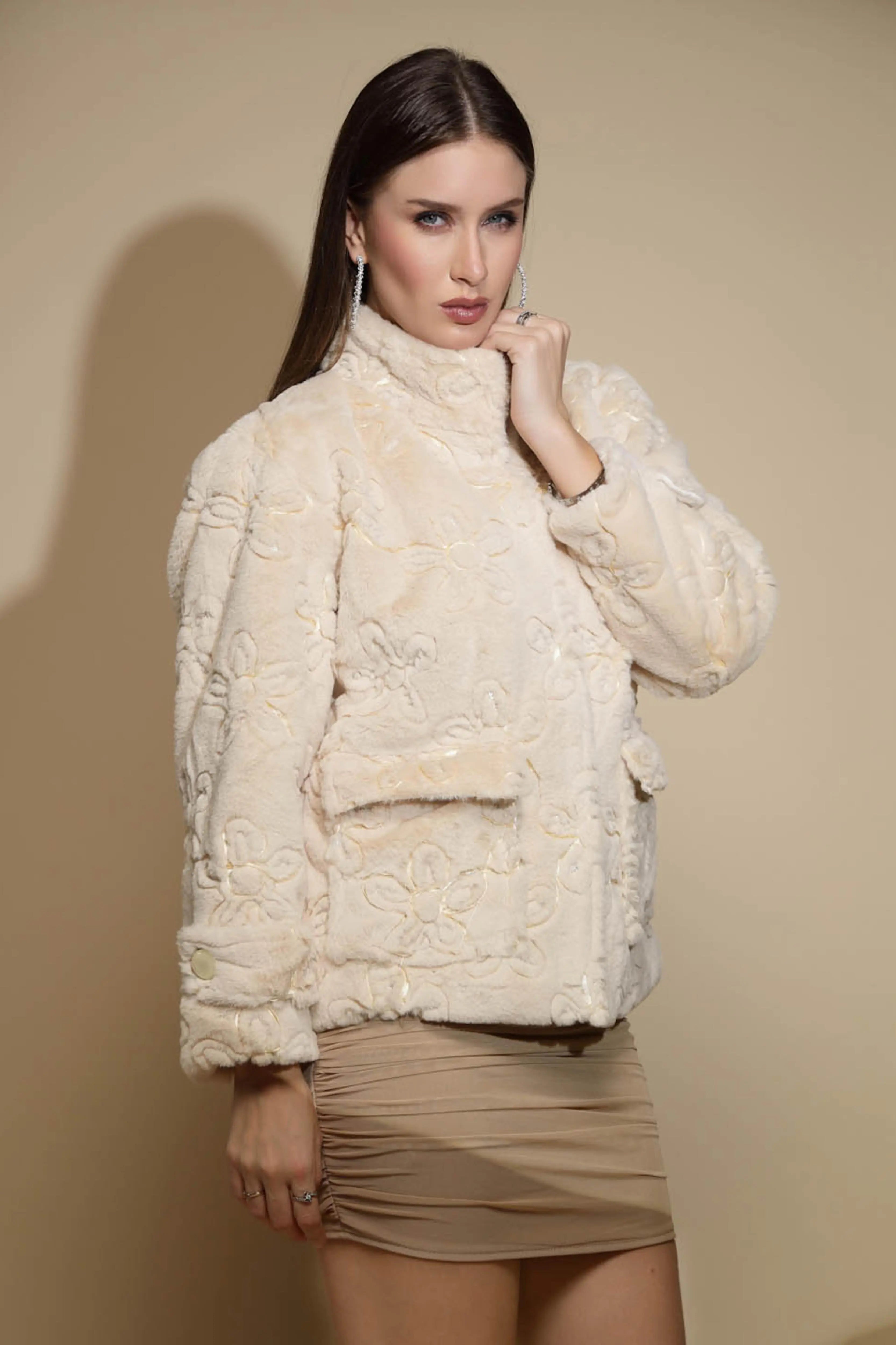 Beige Embossed Woollen Jacket - Global Republic