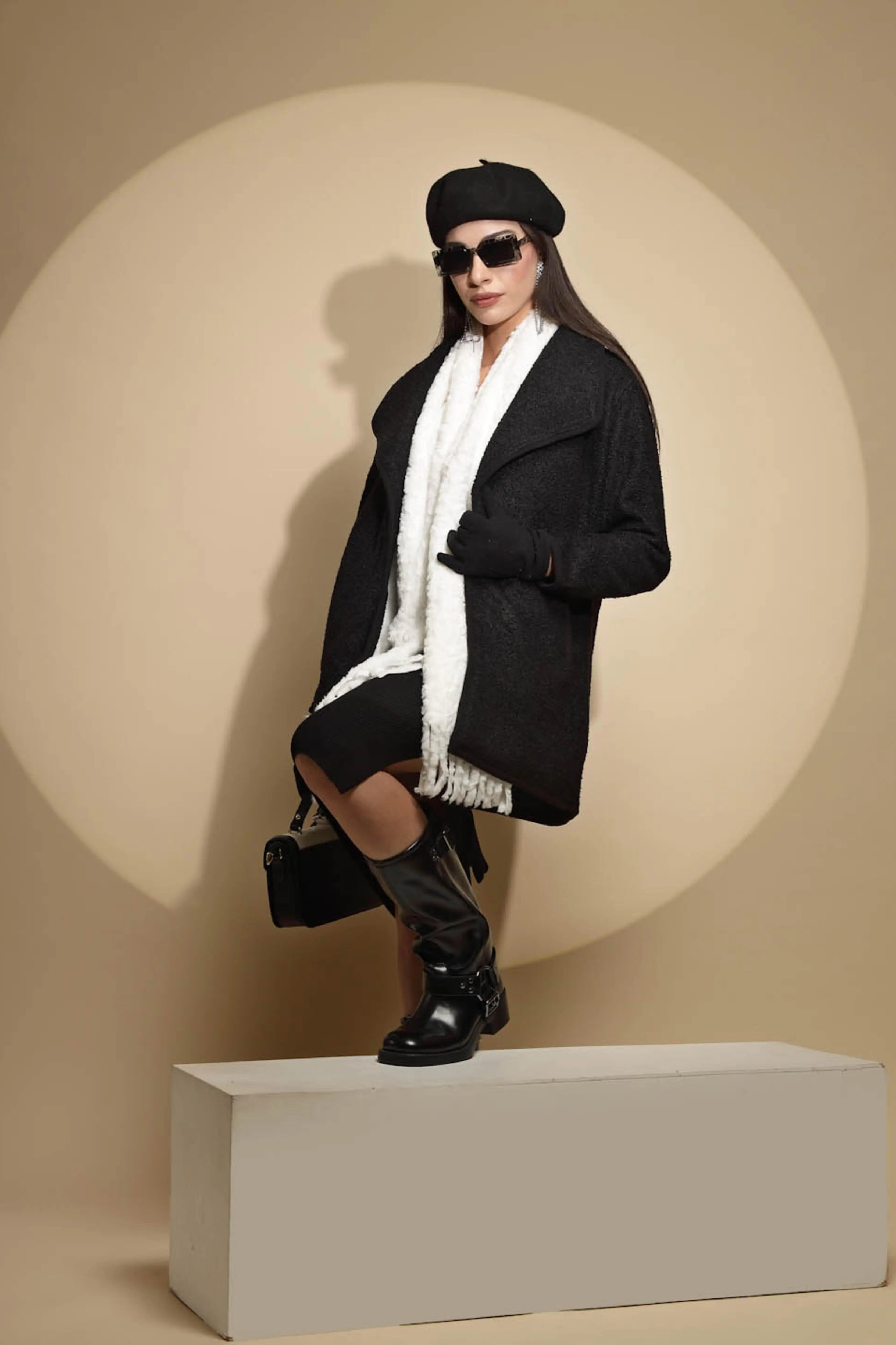 Black Solid Full Sleeve Collar Neck Knitted Winter Shrug - Global Republic