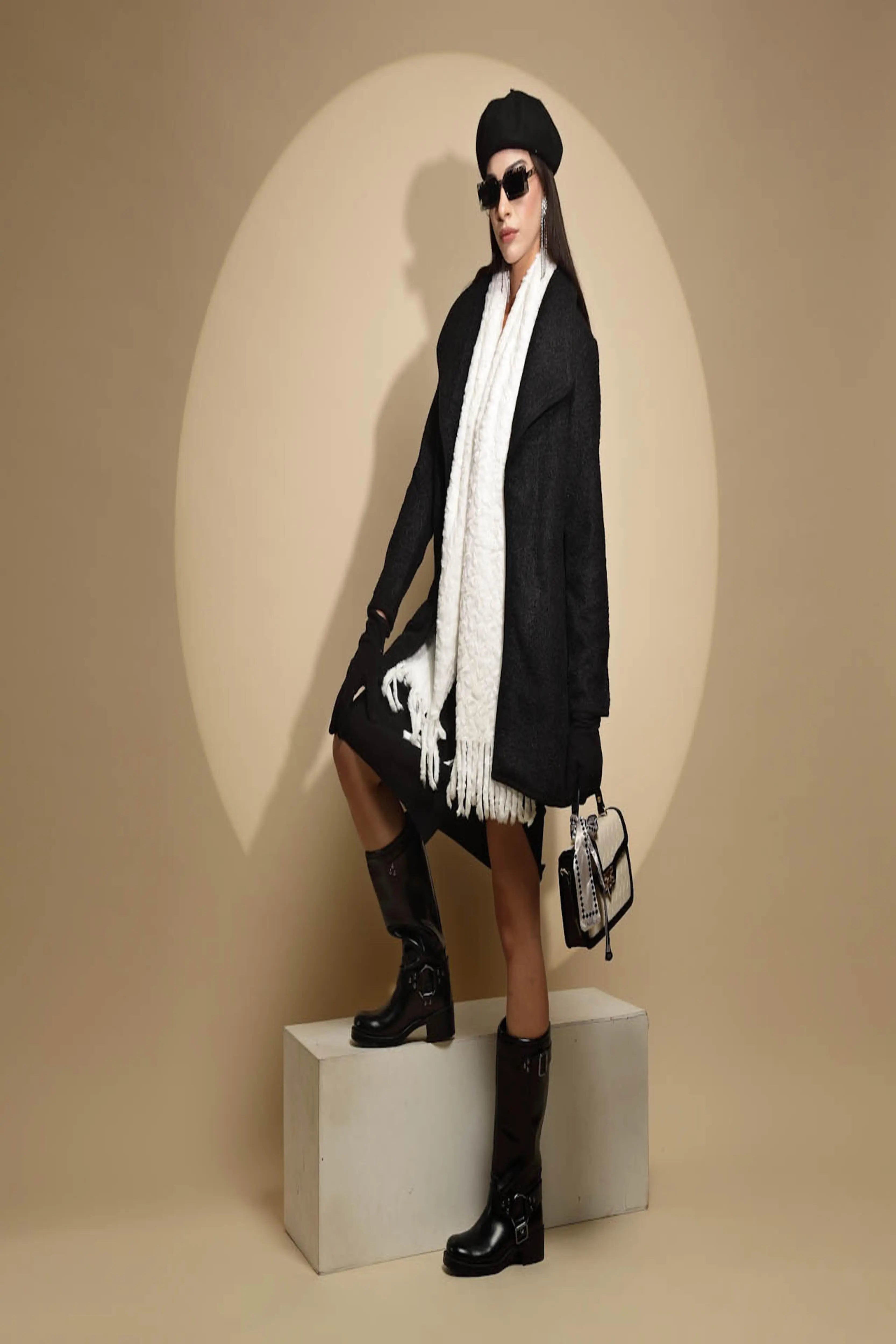Black Solid Full Sleeve Collar Neck Knitted Winter Shrug - Global Republic
