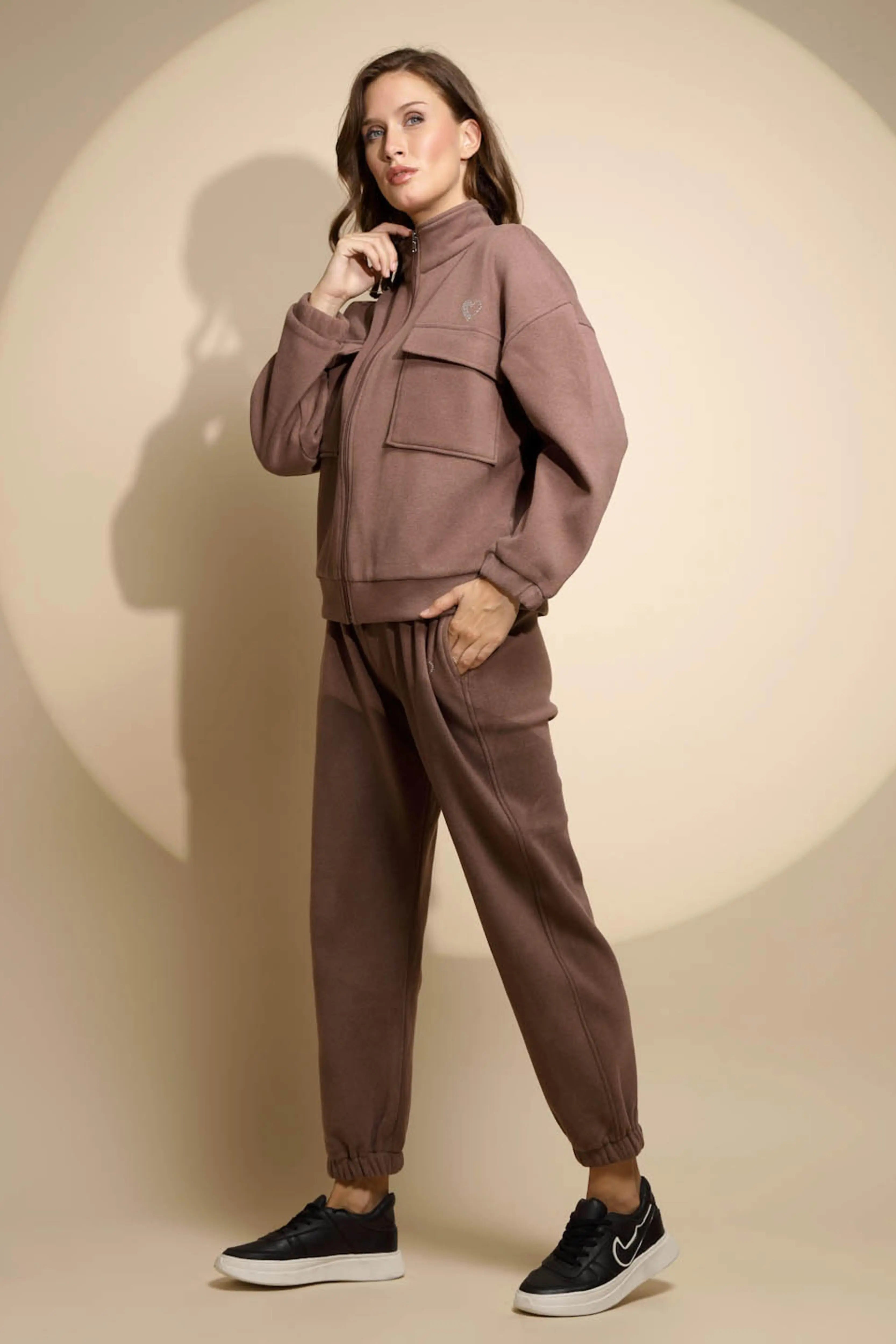 Women's Solid Turtle Neck Brown Co-ord Set - Global Republic