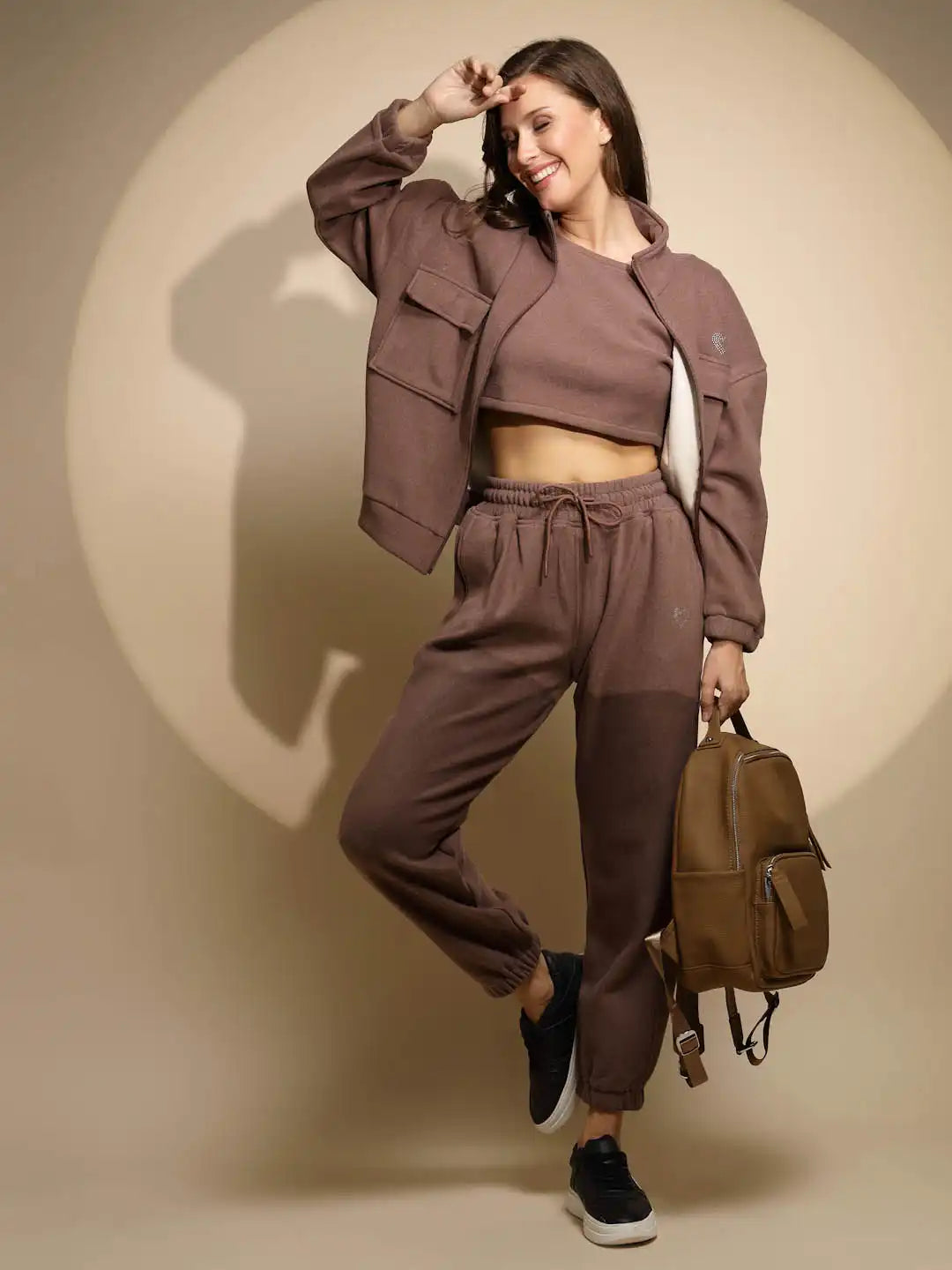 Women's Solid Turtle Neck Brown Co-ord Set