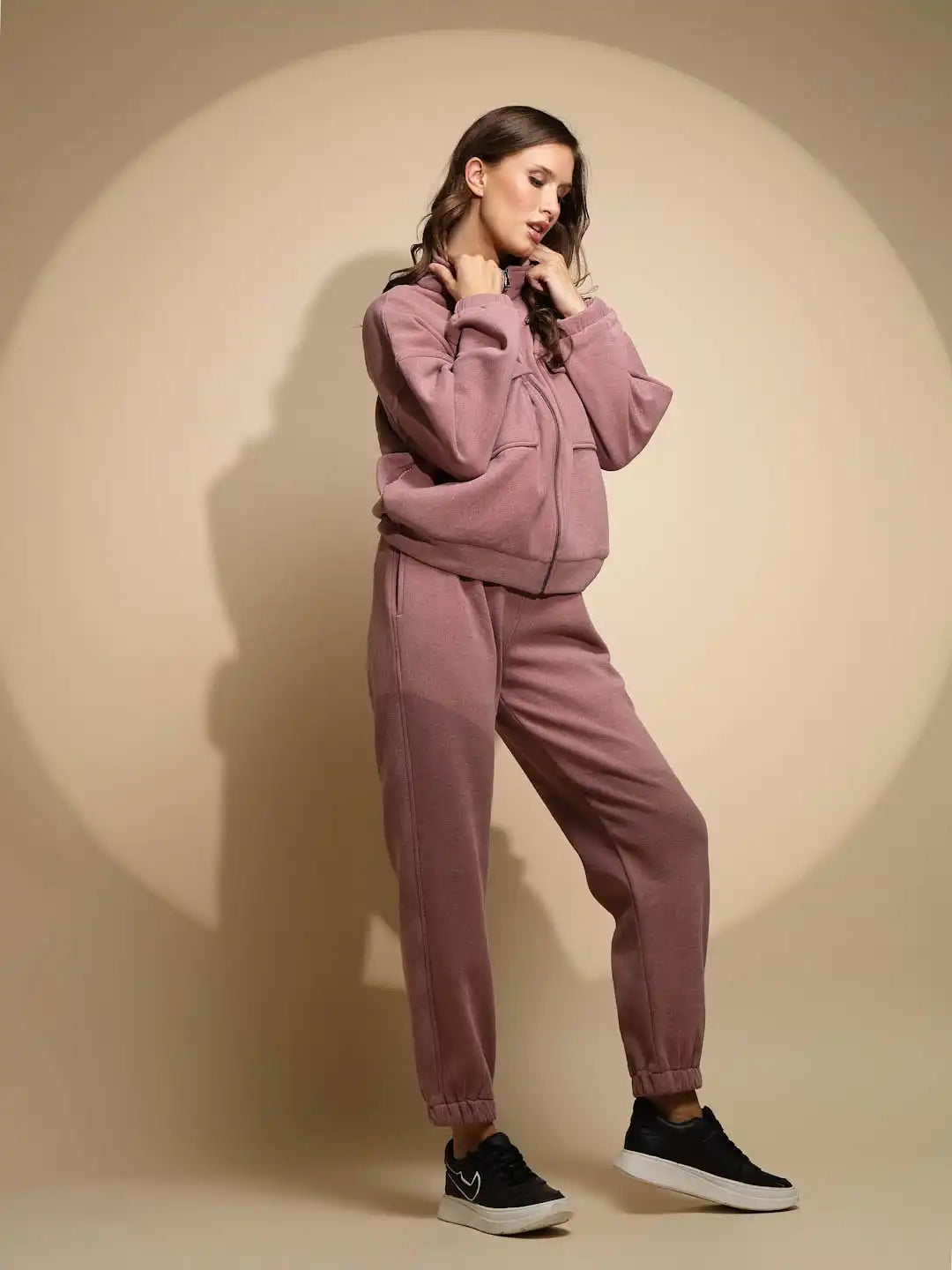 Women's Solid Turtle Neck Pink Co-ord Set