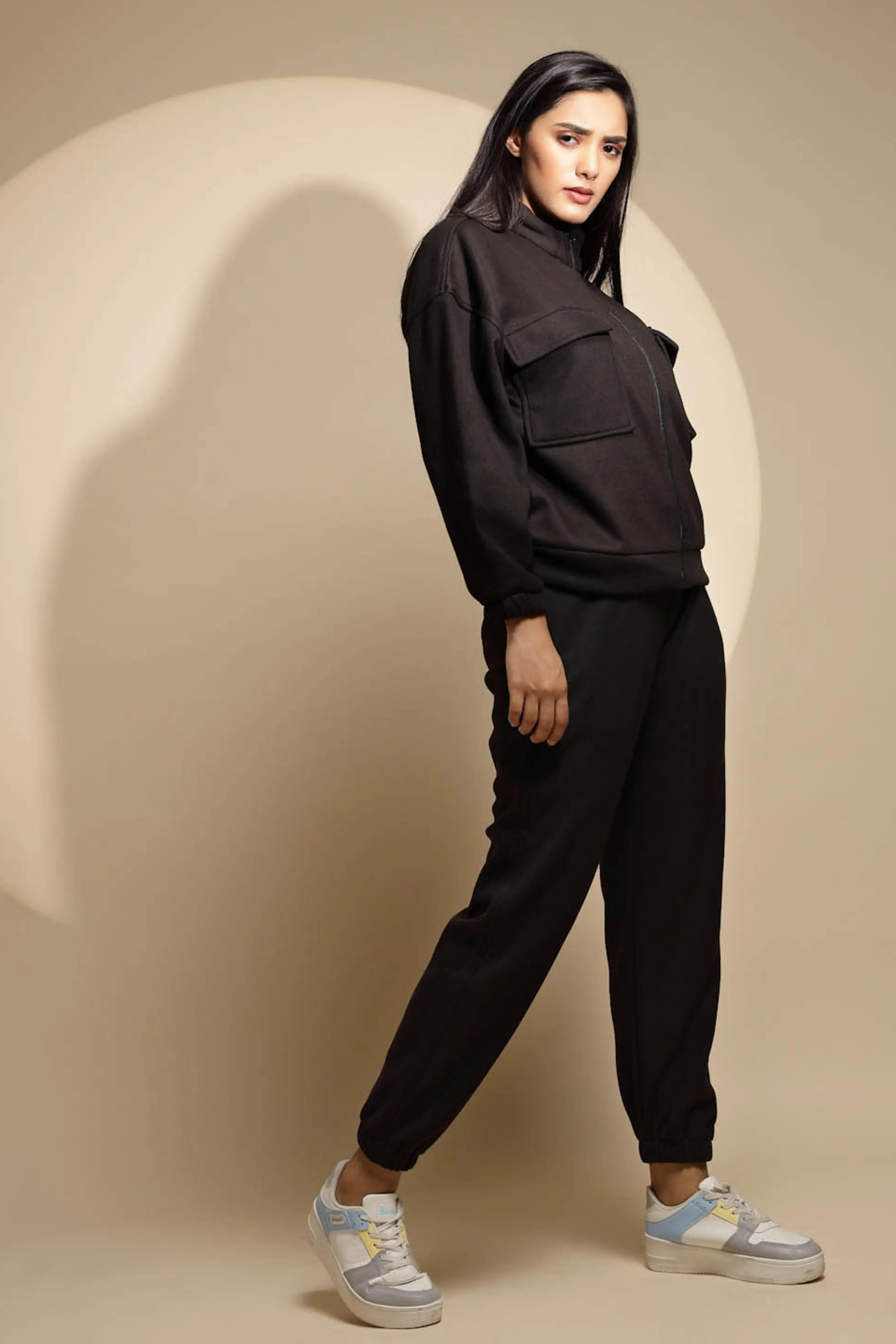 Women's Solid Turtle Neck Black Co-ord Set - Global Republic