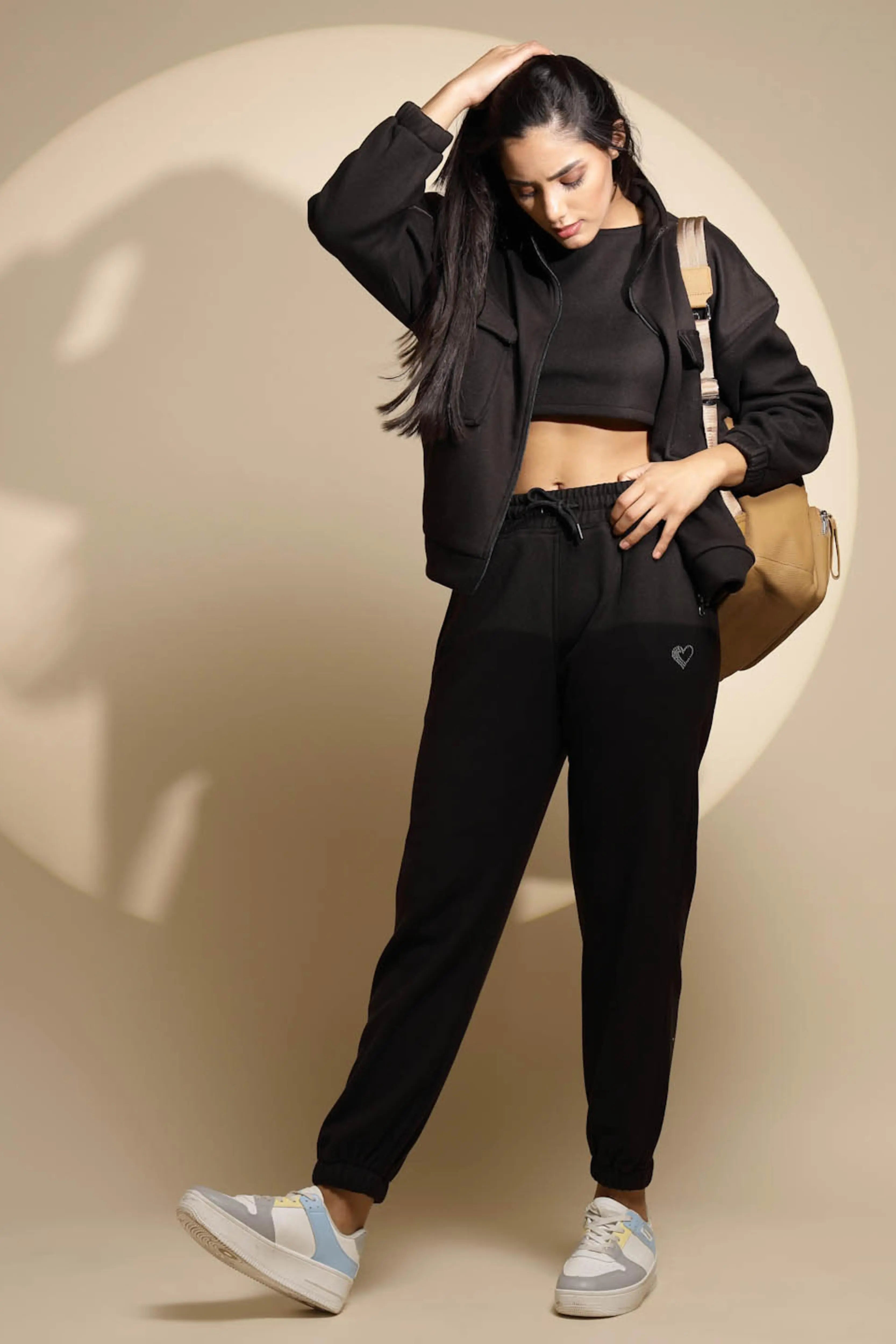 Women's Solid Turtle Neck Black Co-ord Set - Global Republic