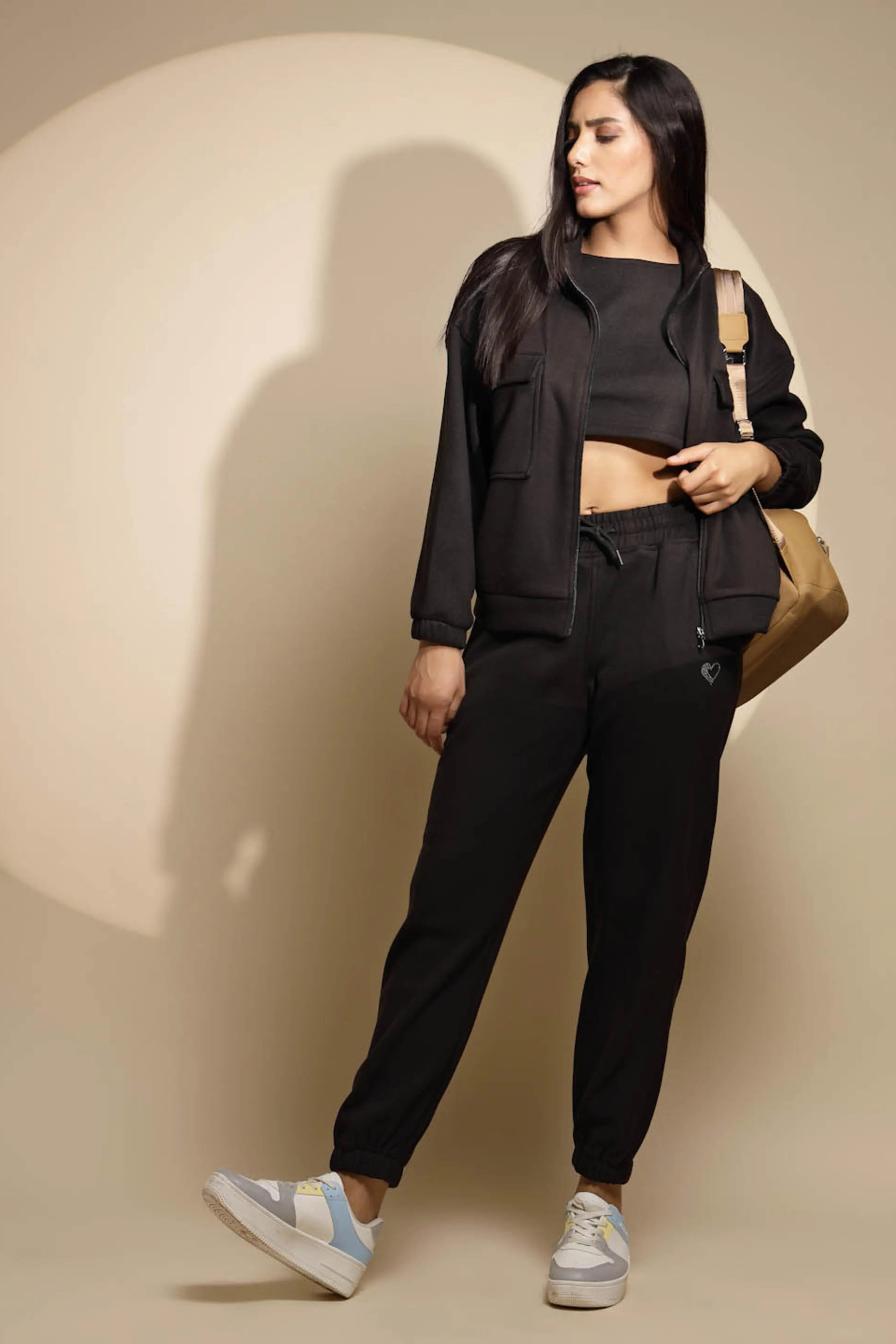 Women's Solid Turtle Neck Black Co-ord Set - Global Republic