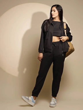 Women's Solid Turtle Neck Black Co-ord Set