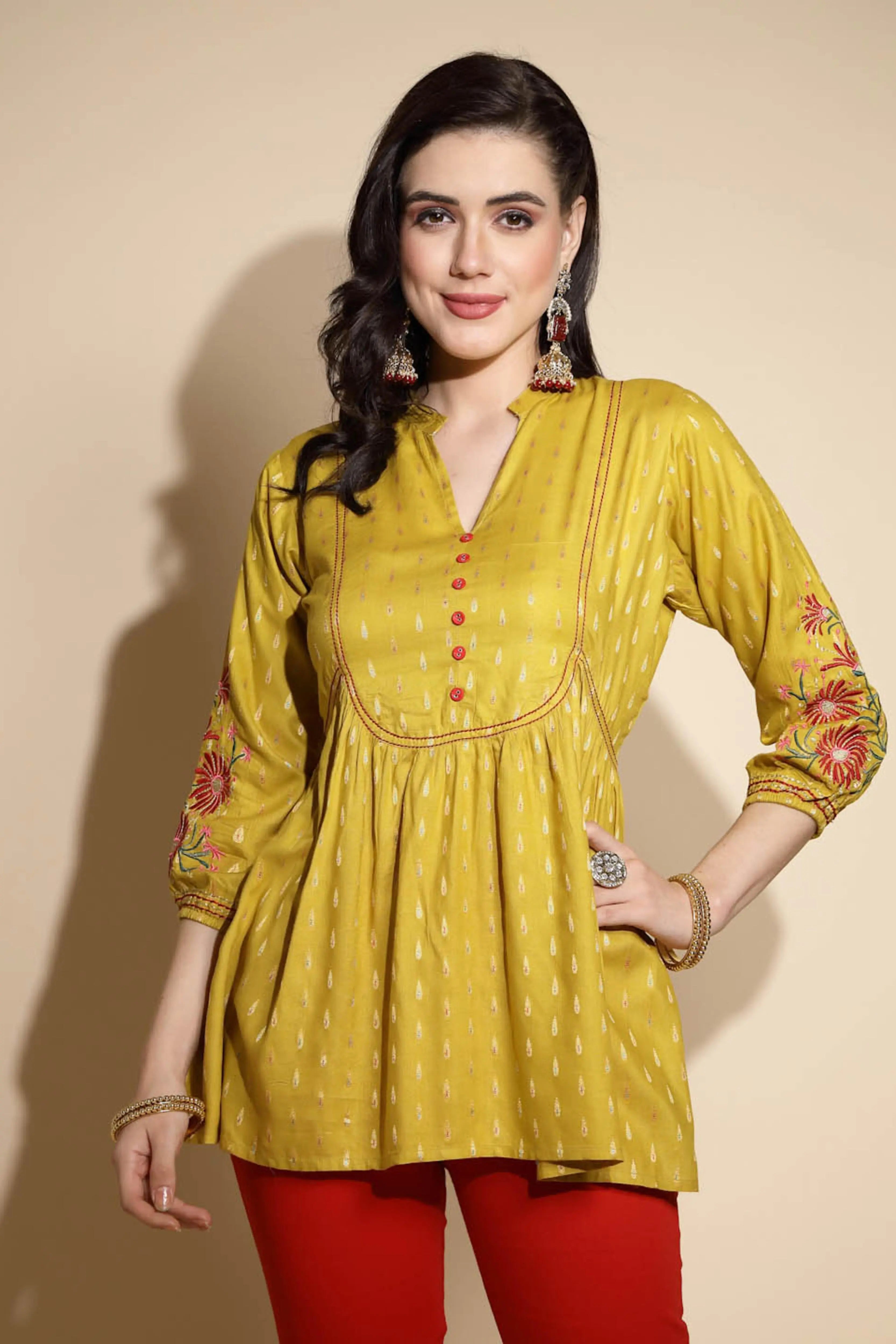 Mustard Embroidered Three Quarter Sleeves Mandarin Collar Tunic - Global Republic