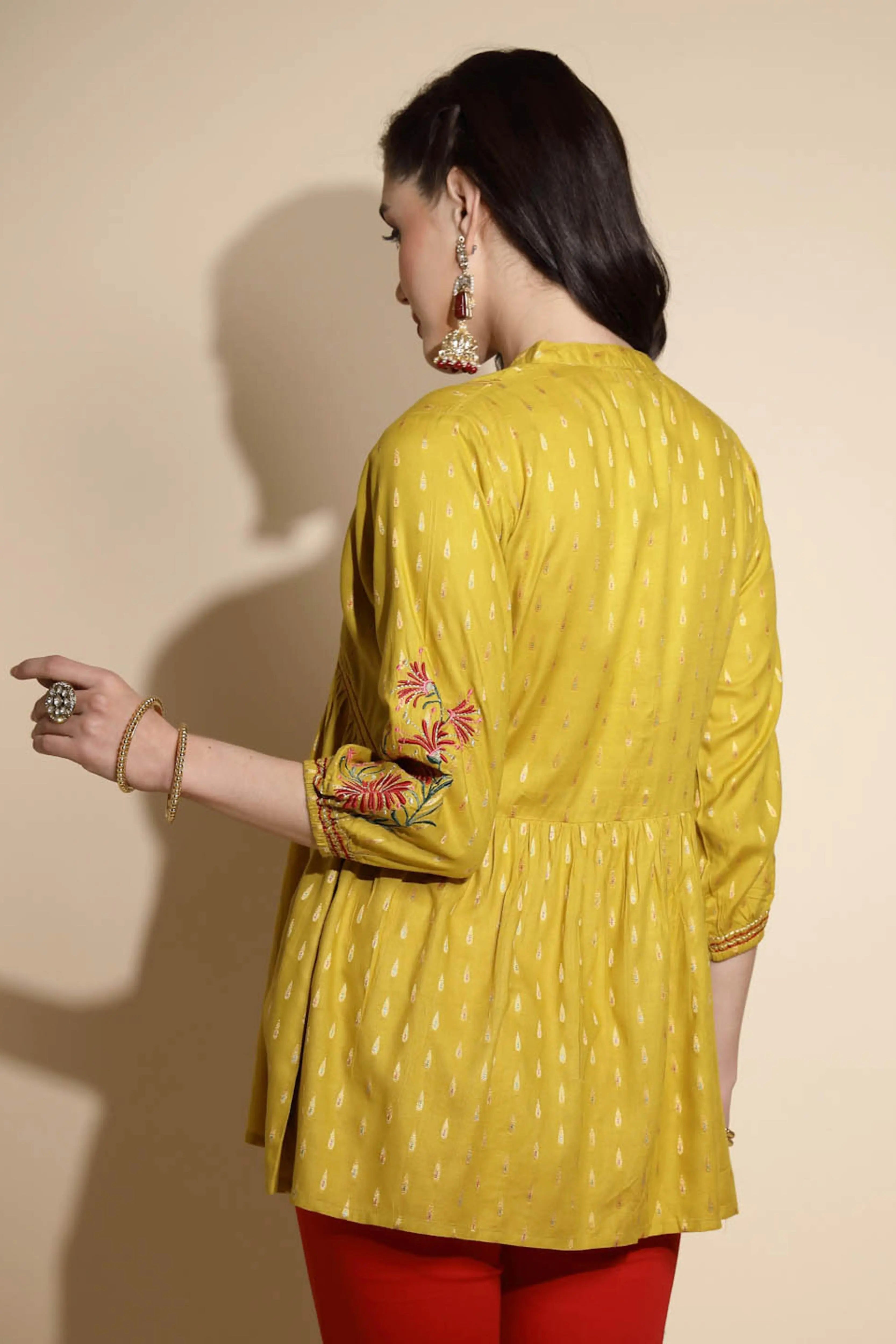 Mustard Embroidered Three Quarter Sleeves Mandarin Collar Tunic - Global Republic
