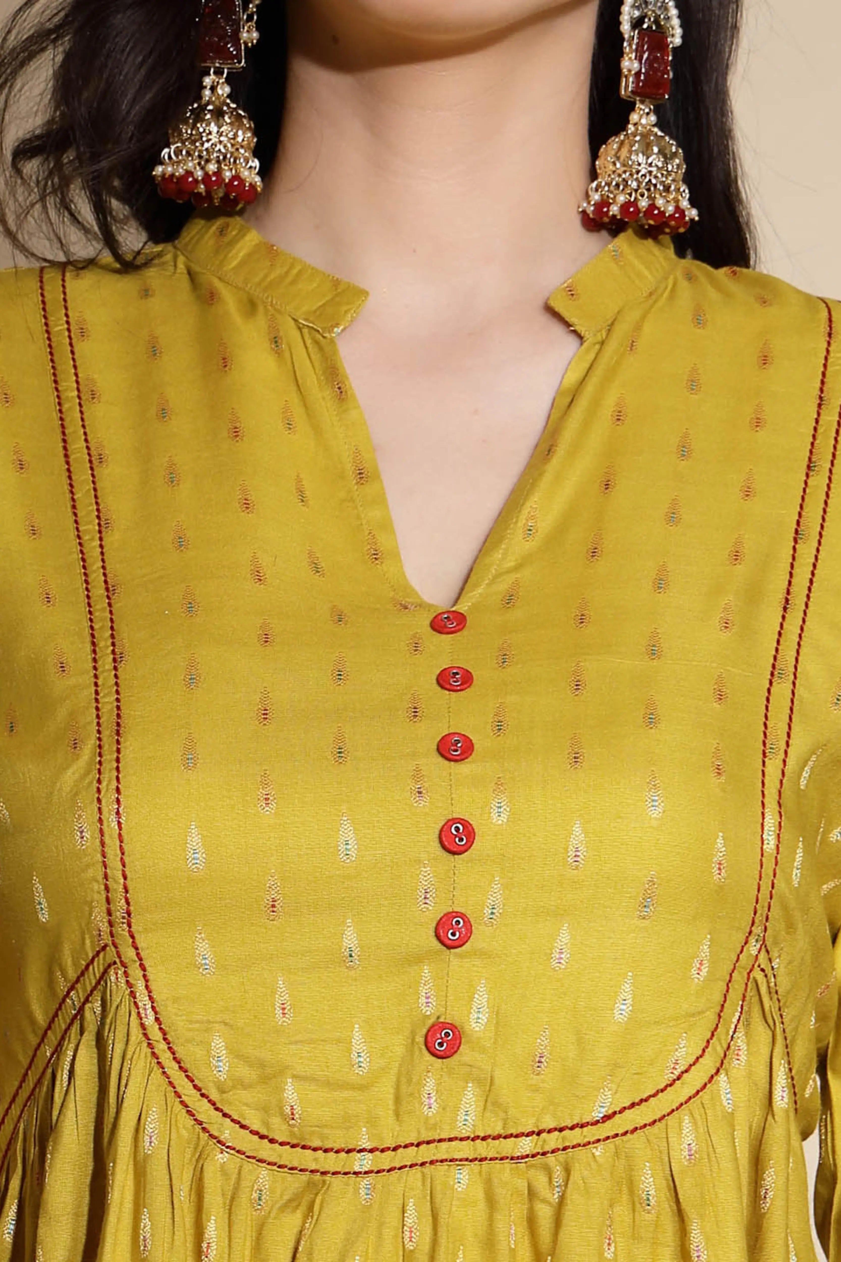 Mustard Embroidered Three Quarter Sleeves Mandarin Collar Tunic - Global Republic