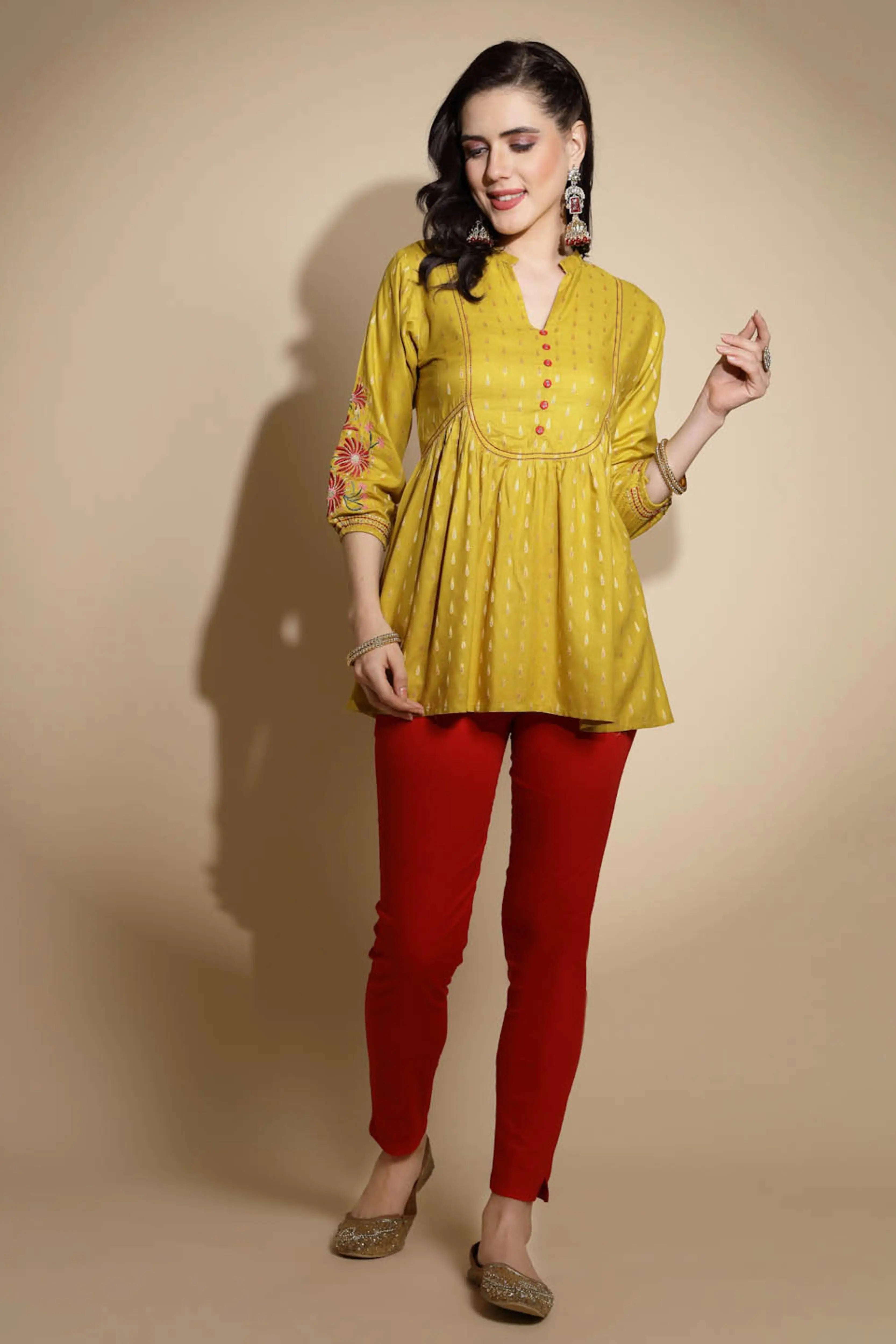 Mustard Embroidered Three Quarter Sleeves Mandarin Collar Tunic - Global Republic