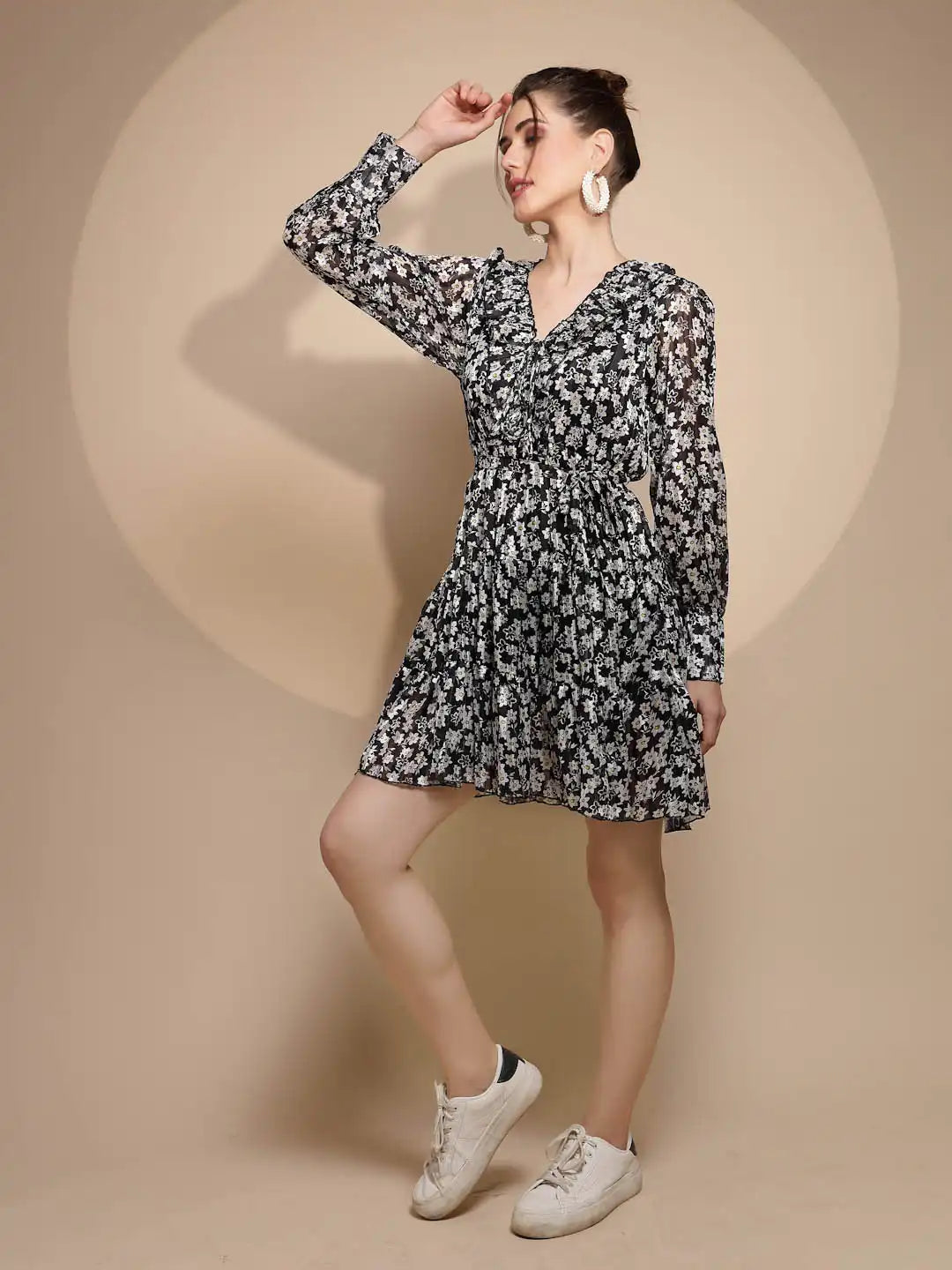Women's Printed V-Neck Black Dress - Global Republic