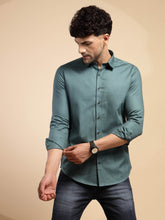 Teal Solid Full Sleeve Collared Neck Blended Shirt