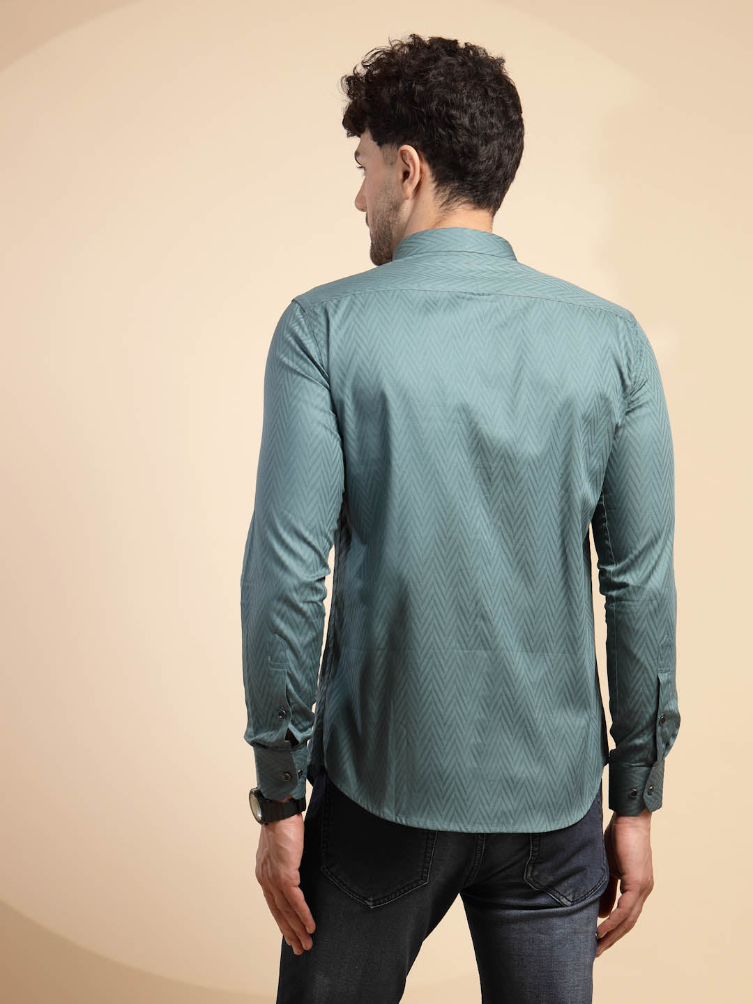 Teal Solid Full Sleeve Collared Neck Blended Shirt