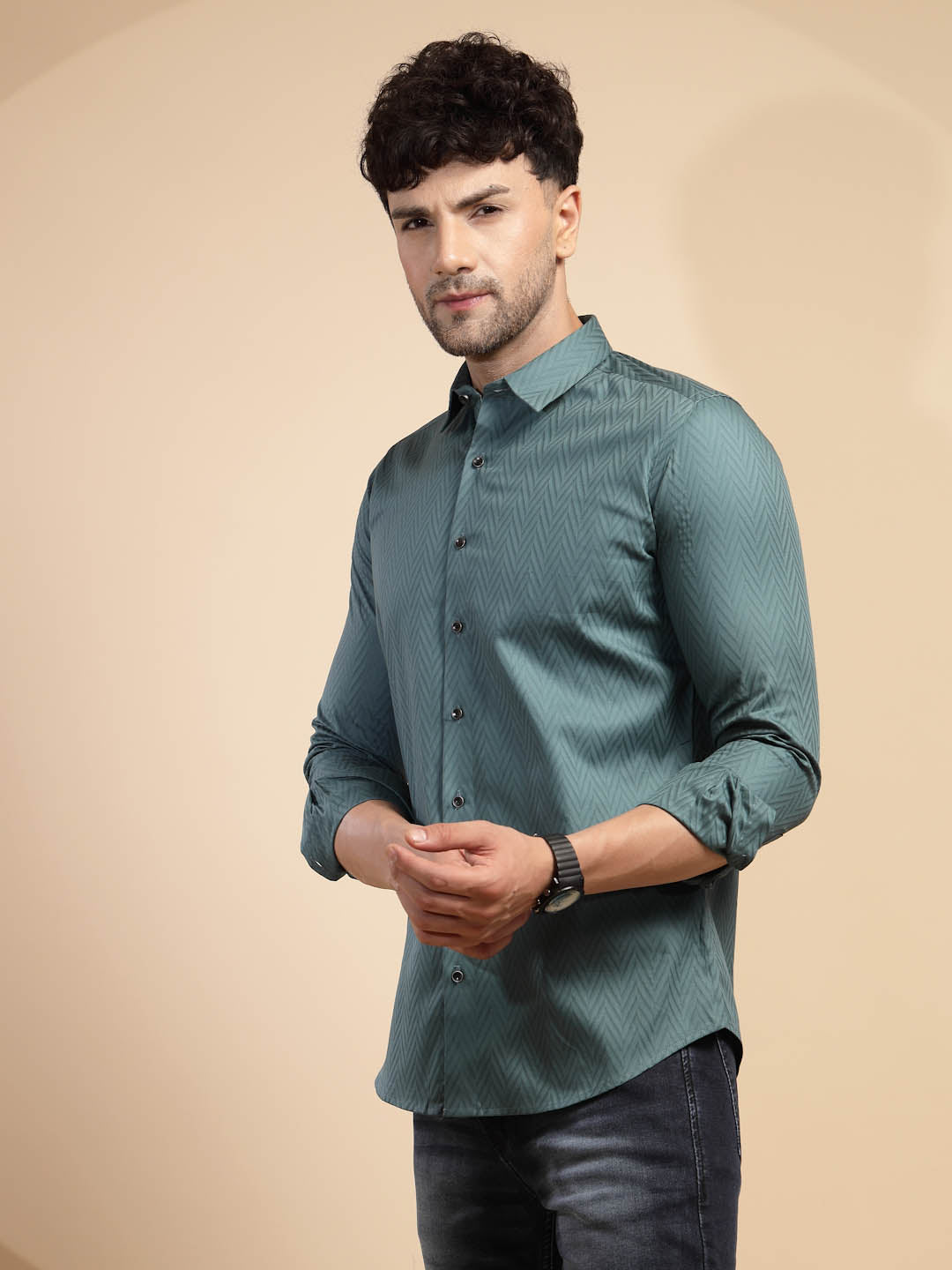 Teal Solid Full Sleeve Collared Neck Blended Shirt