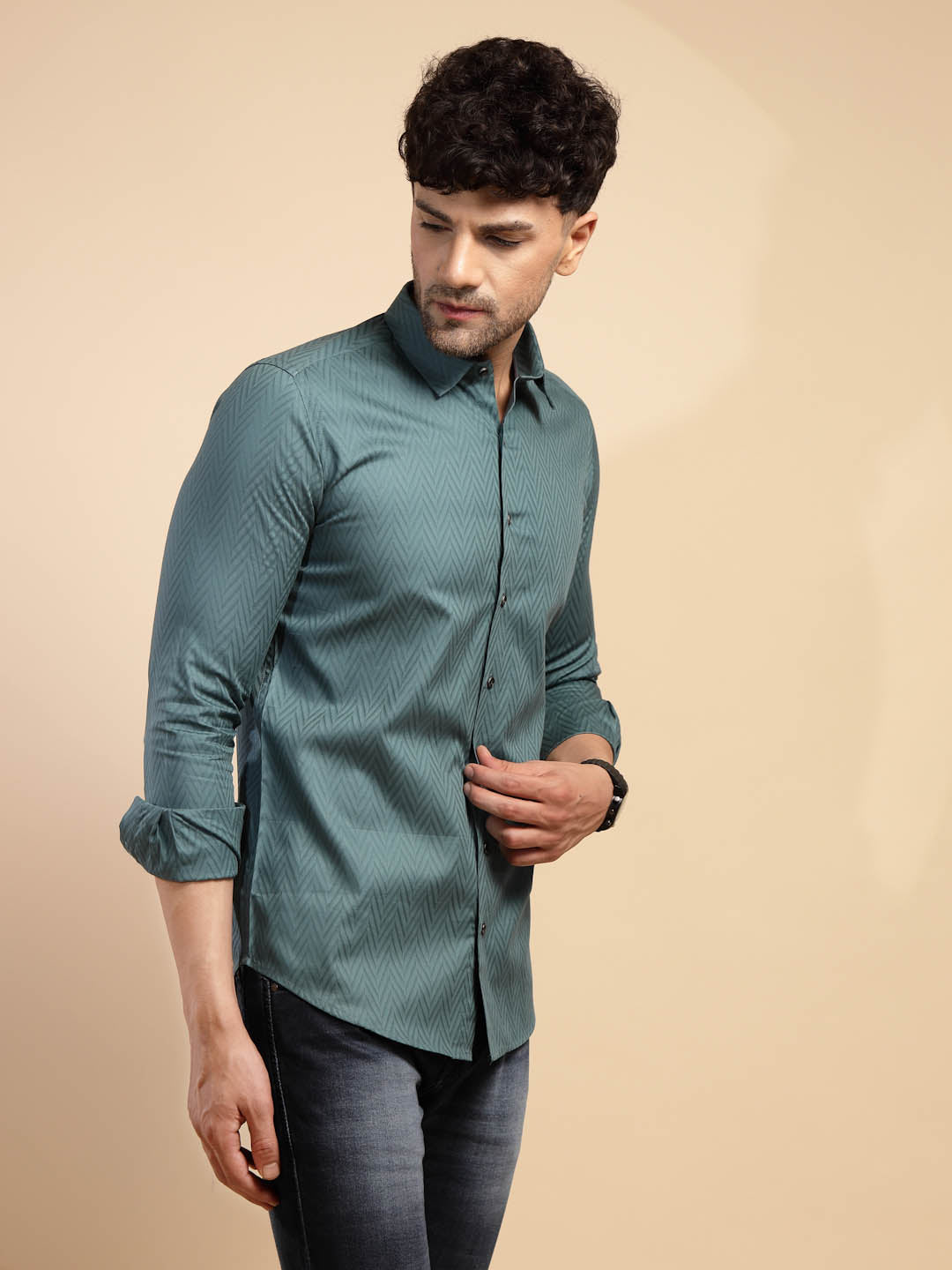 Teal Solid Full Sleeve Collared Neck Blended Shirt