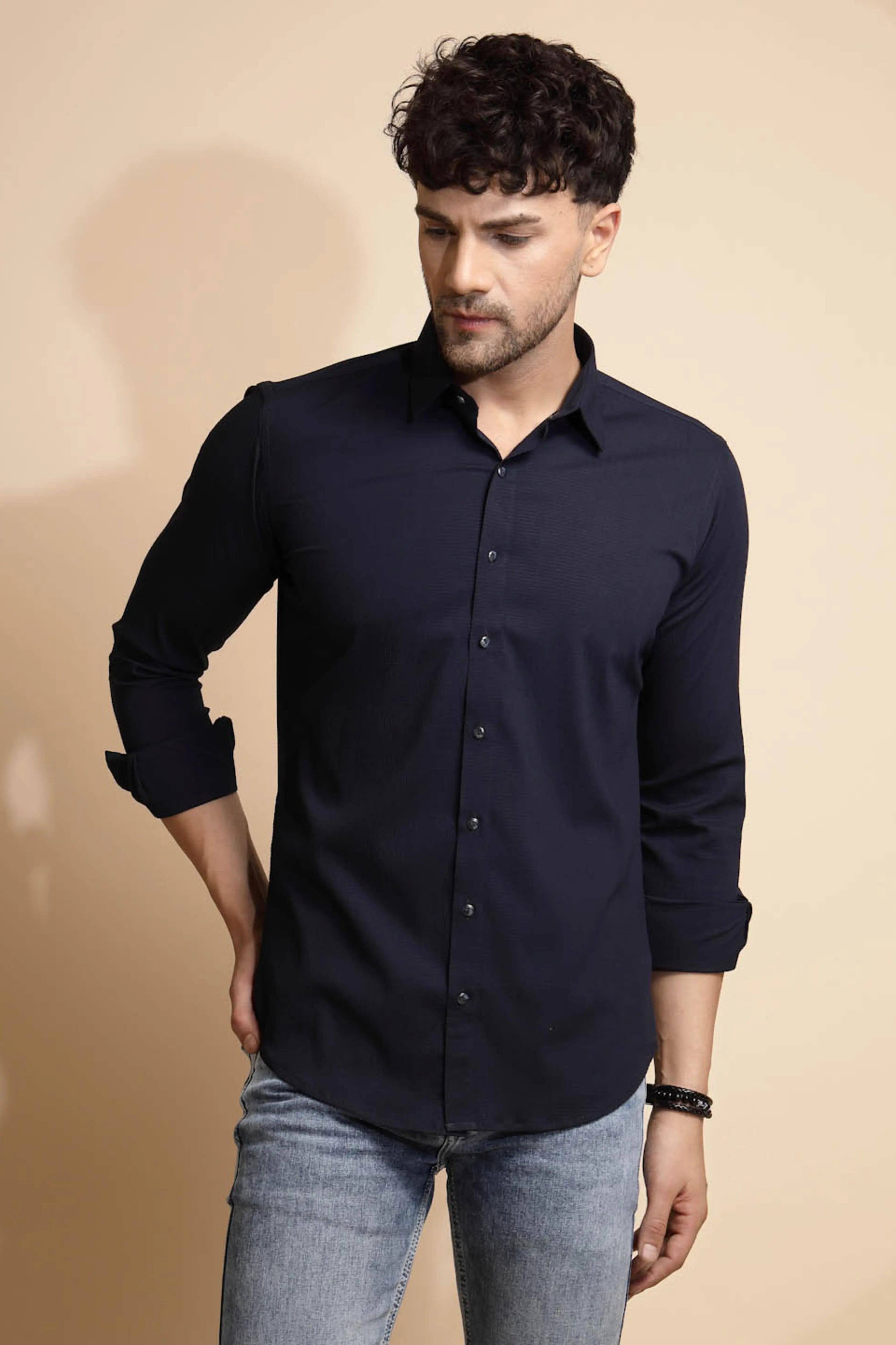 Navy Blue Solid Full Sleeve Collared Neck  Shirt - Global Republic
