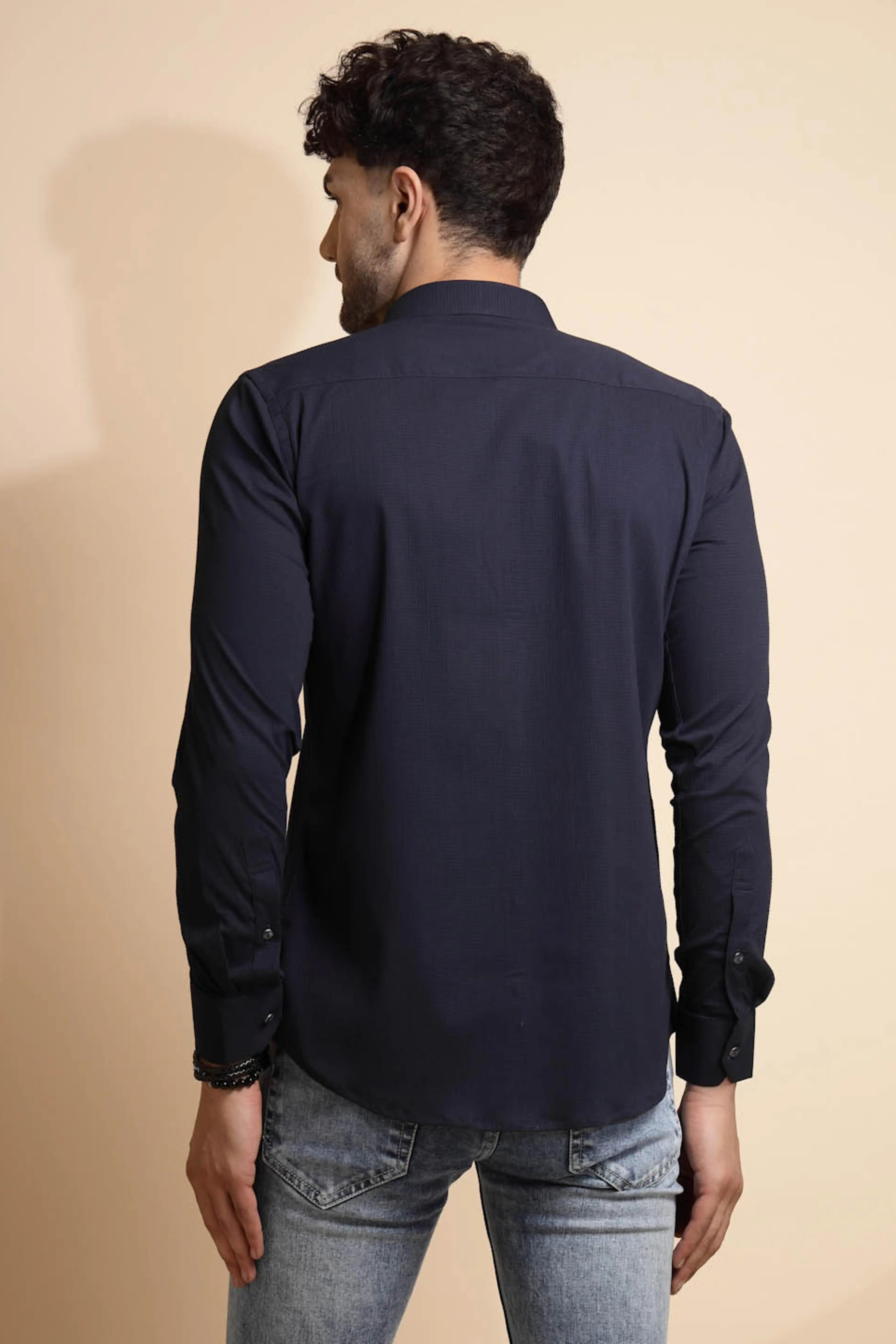 Navy Blue Solid Full Sleeve Collared Neck  Shirt - Global Republic
