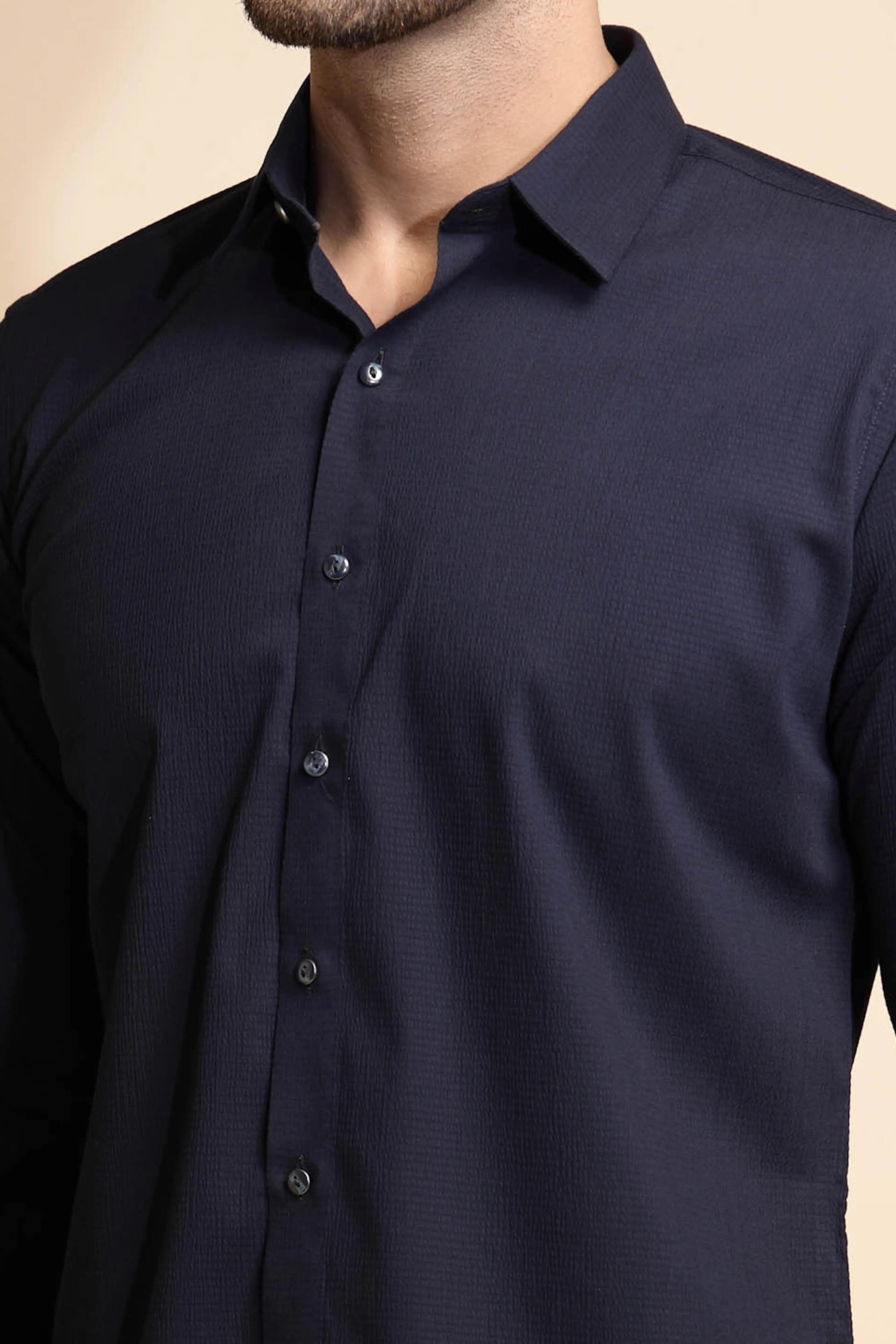 Navy Blue Solid Full Sleeve Collared Neck Shirt - Global Republic