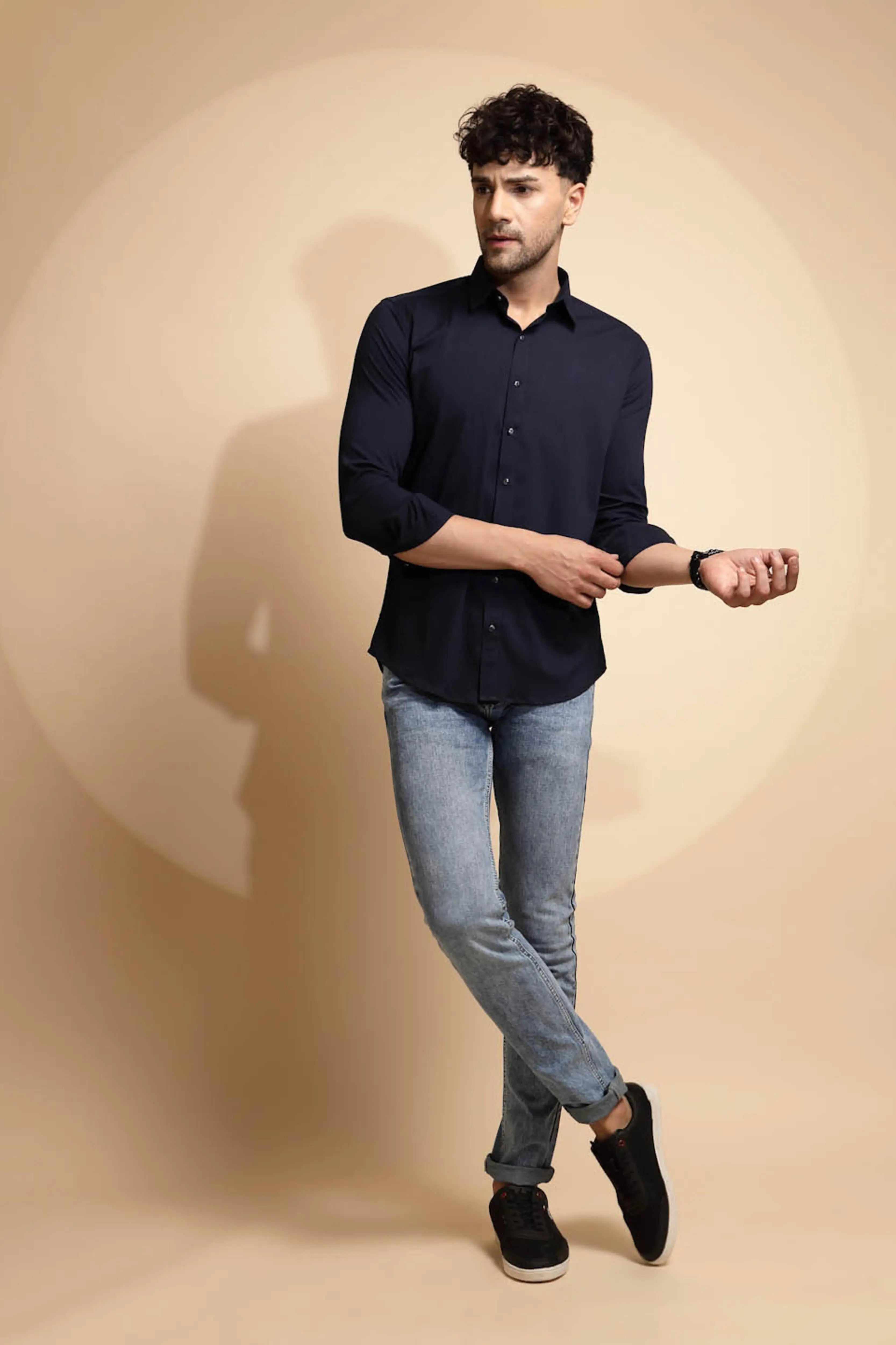 Navy Blue Solid Full Sleeve Collared Neck Shirt - Global Republic
