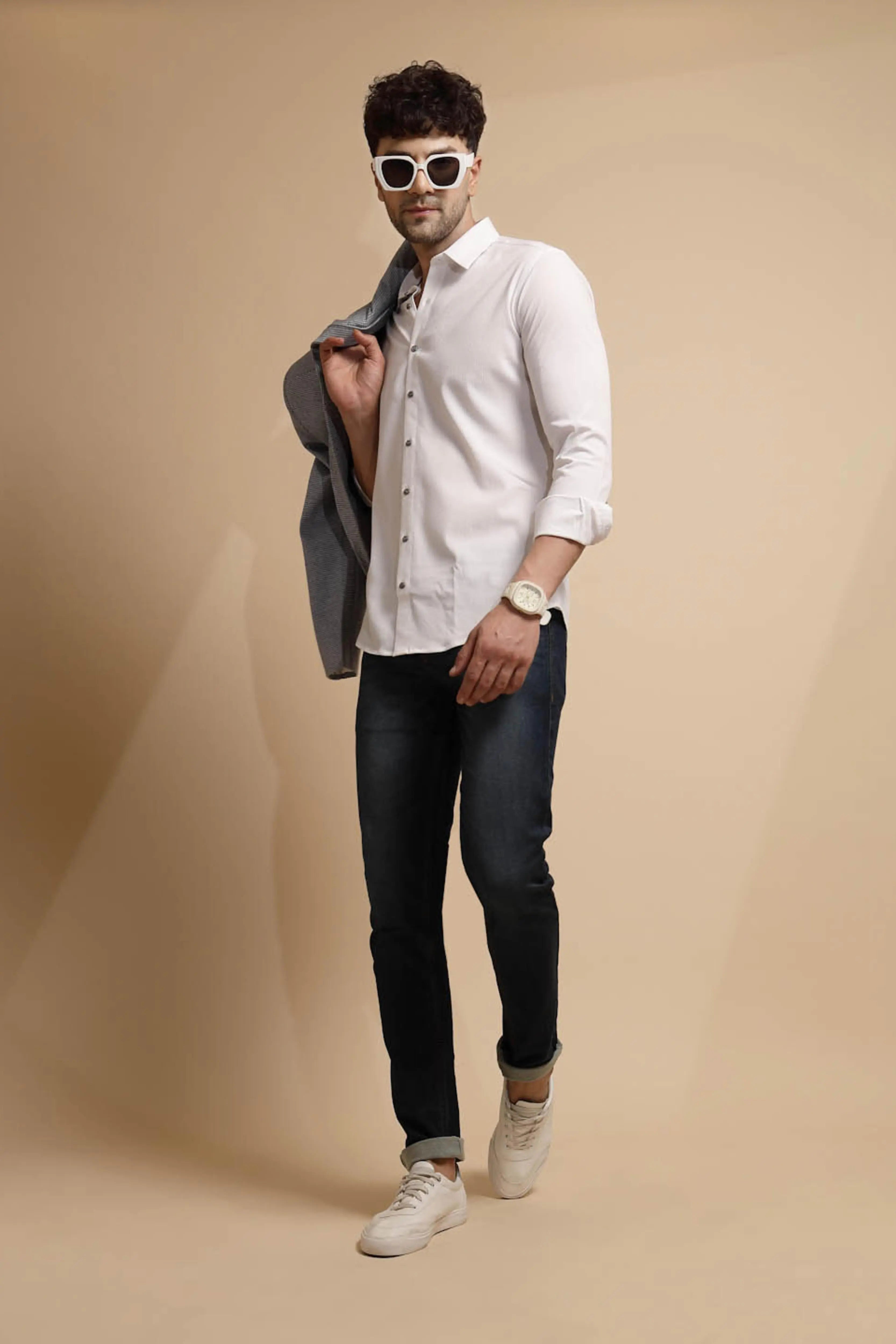 White Solid Full Sleeve Collared Neck Shirt - Global Republic