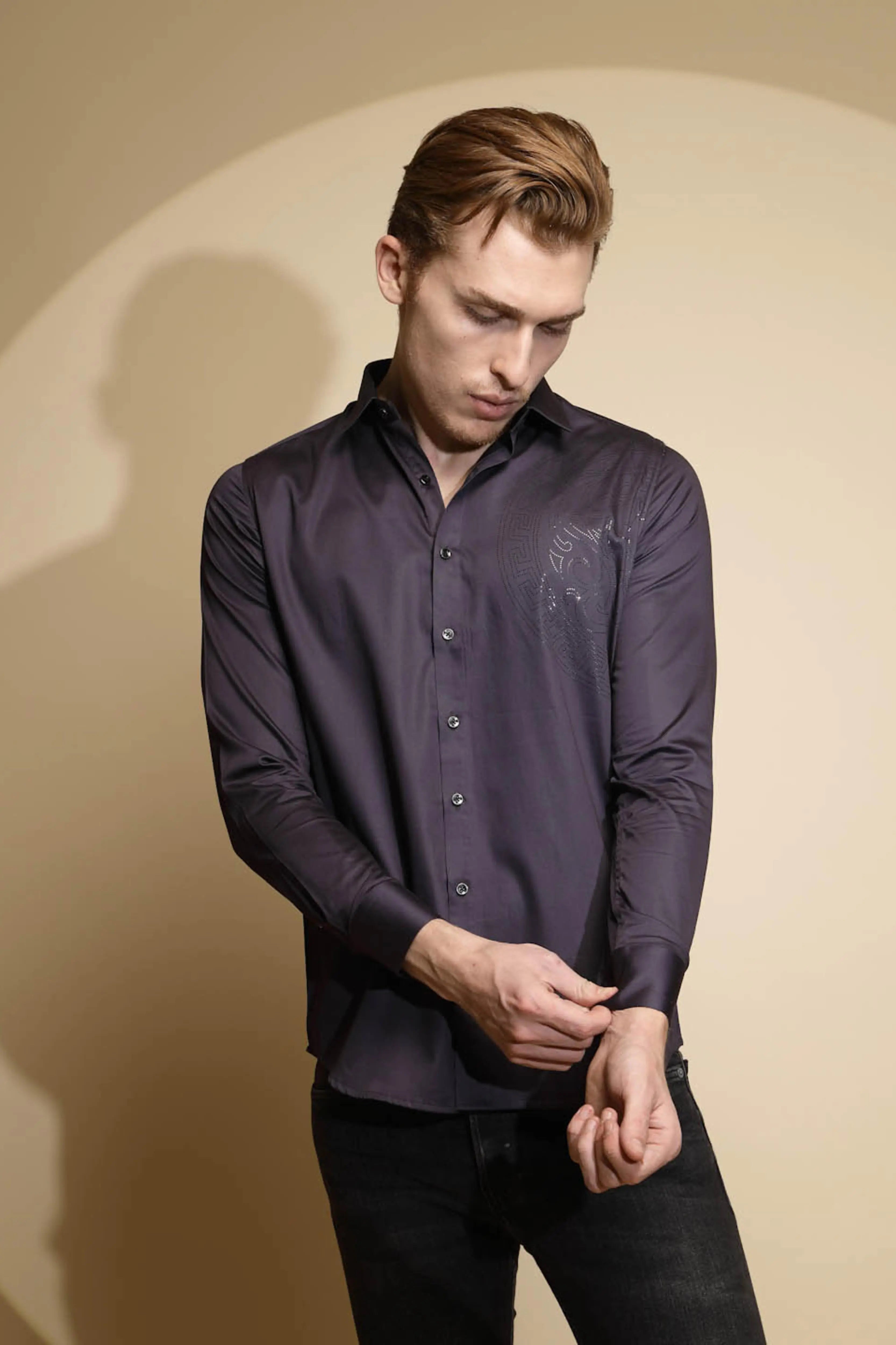 Dark Grey Solid Full Sleeve Collar Neck Cotton Blend Shirt - Global Republic