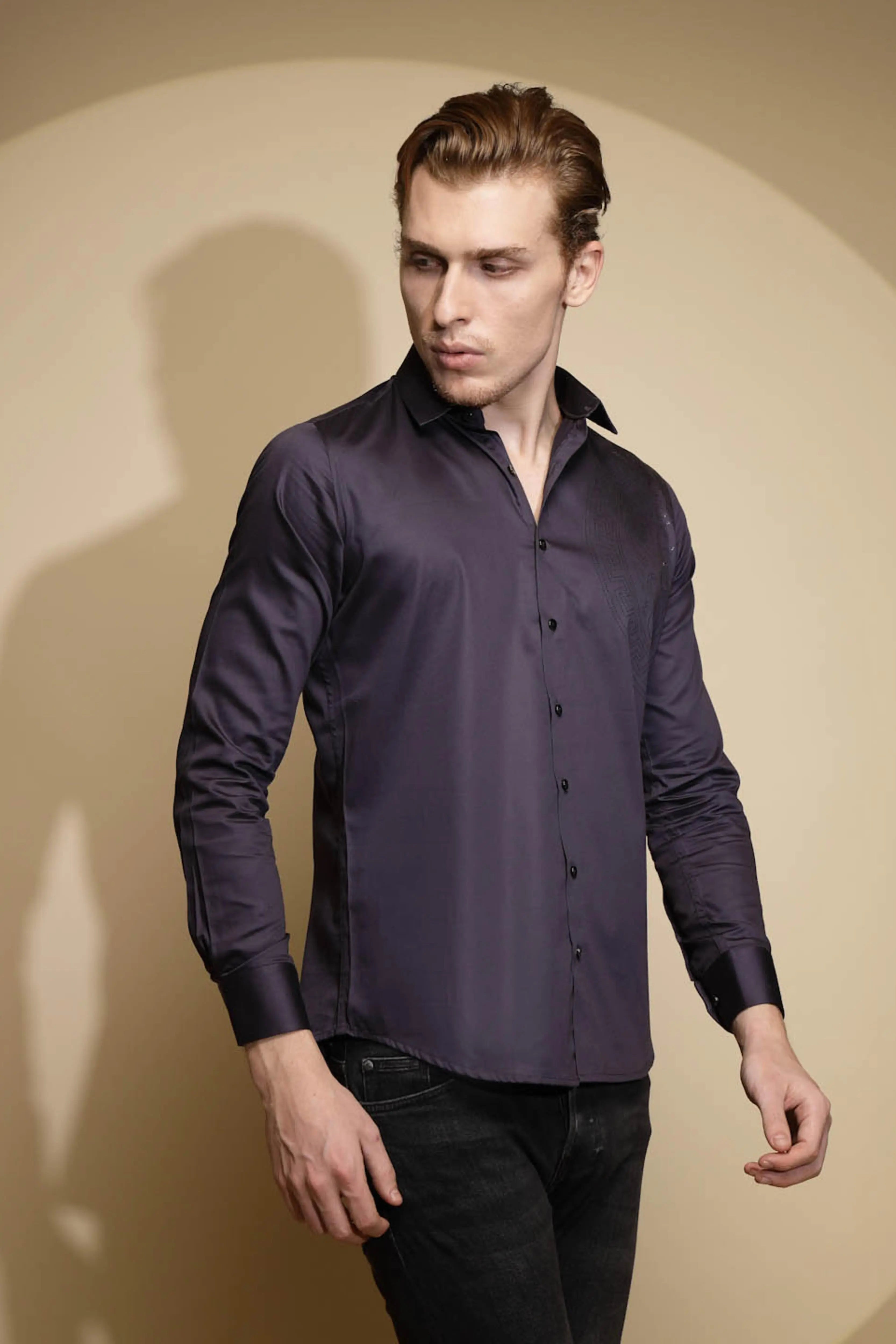 Dark Grey Solid Full Sleeve Collar Neck Cotton Blend Shirt - Global Republic