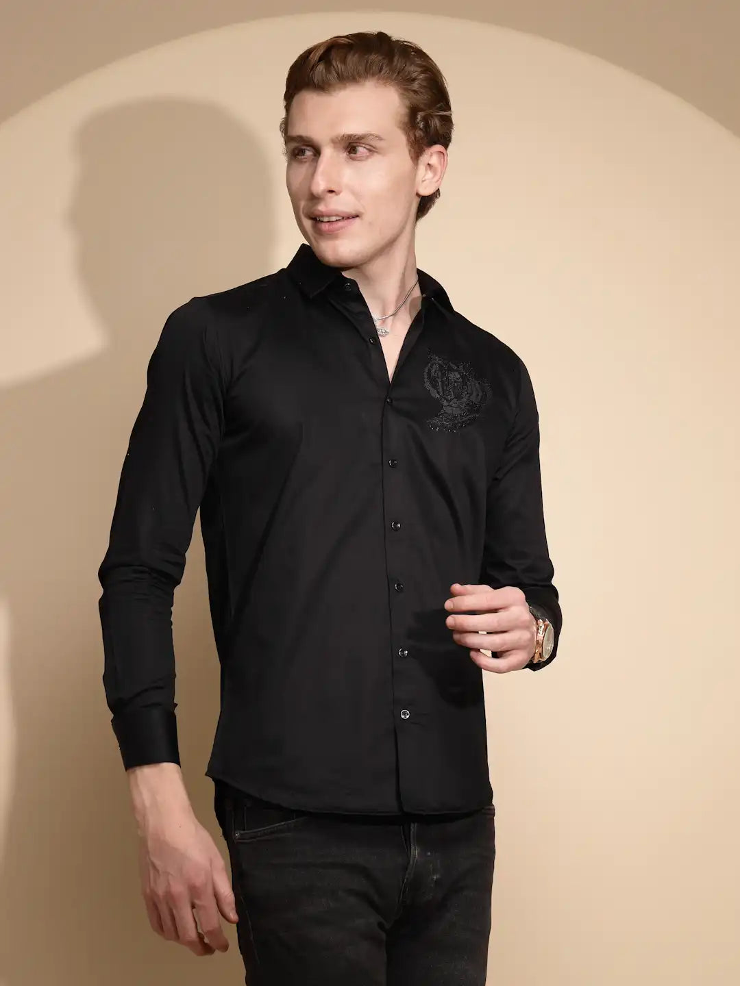 Men Black Solid Full Sleeve Polycotton Shirt