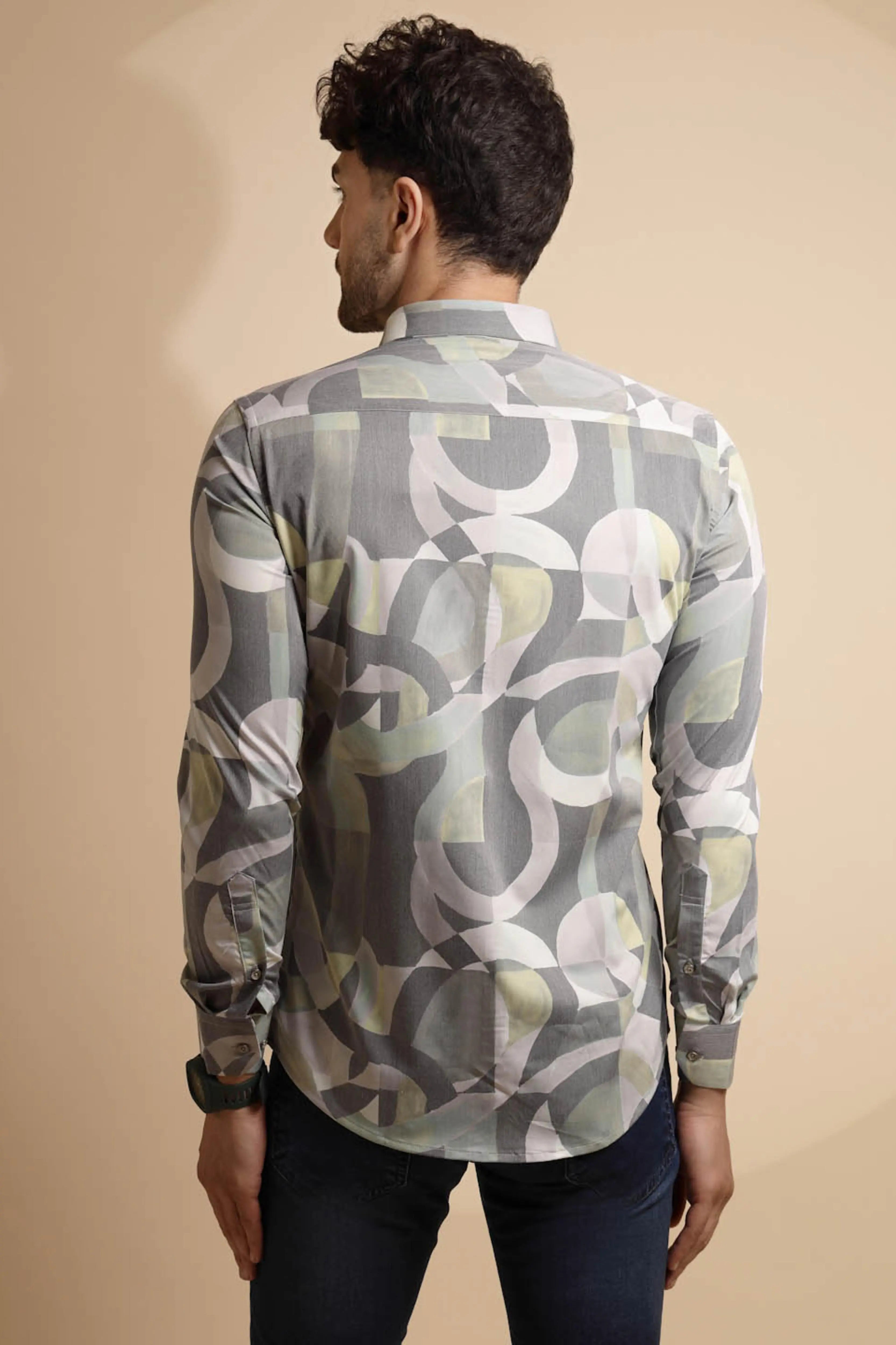 Grey Printed Full Sleeve Collared Neck Blend Shirt - Global Republic