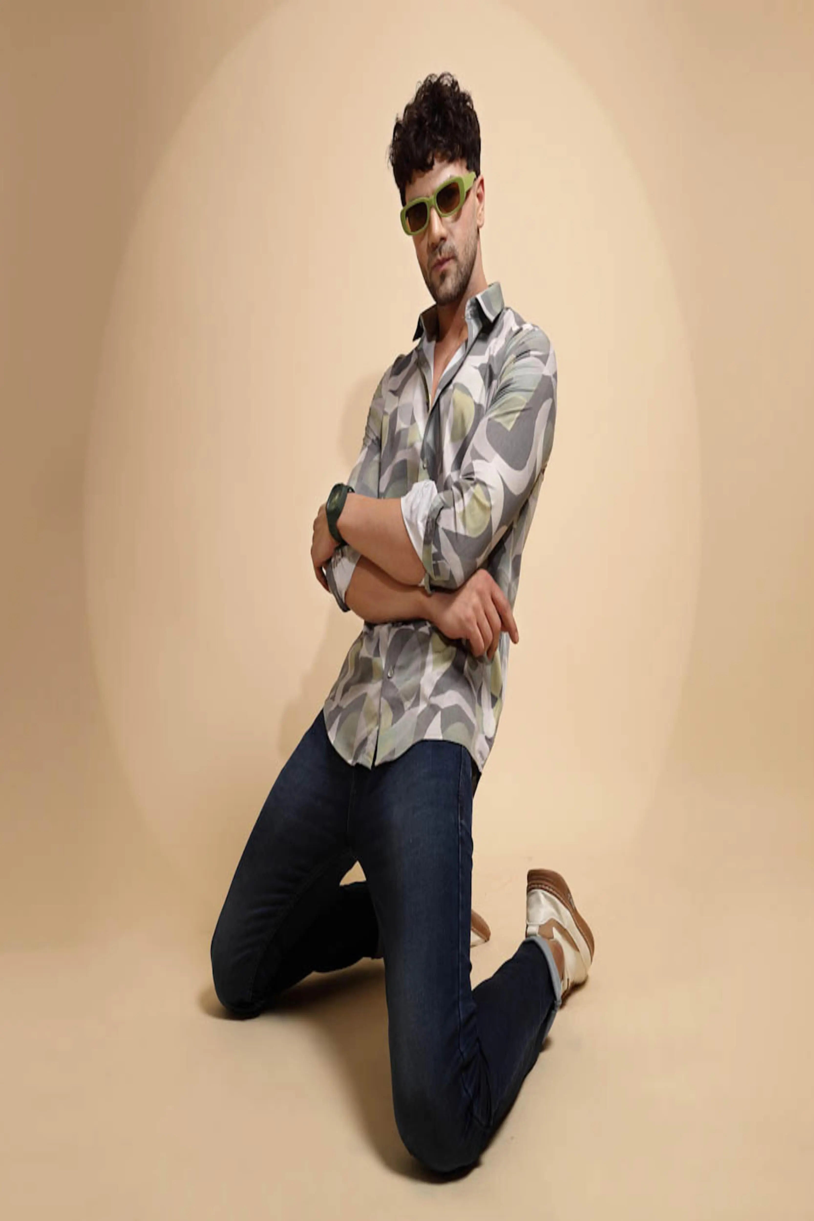 Grey Printed Full Sleeve Collared Neck Blend Shirt - Global Republic