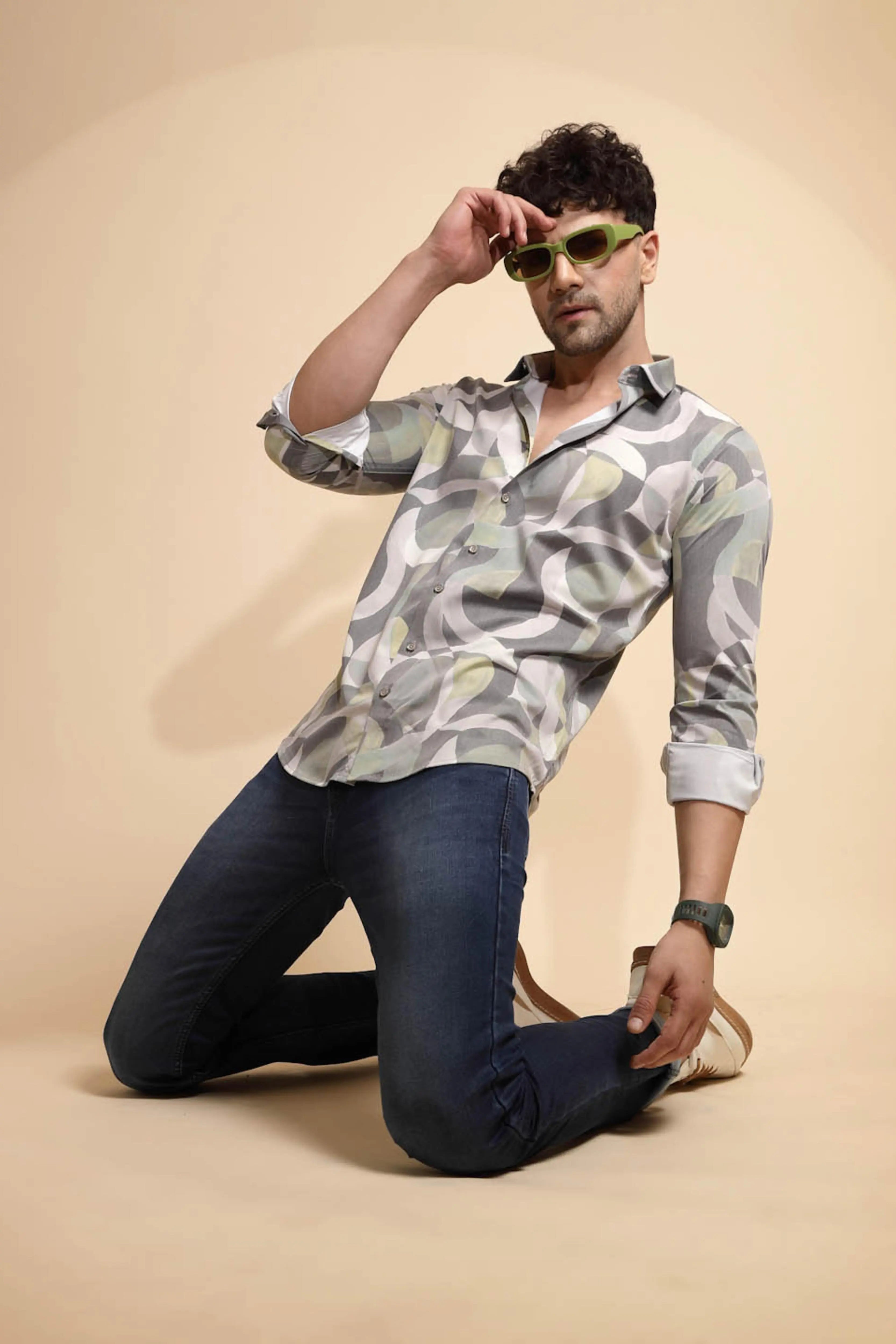 Grey Printed Full Sleeve Collared Neck Blend Shirt - Global Republic