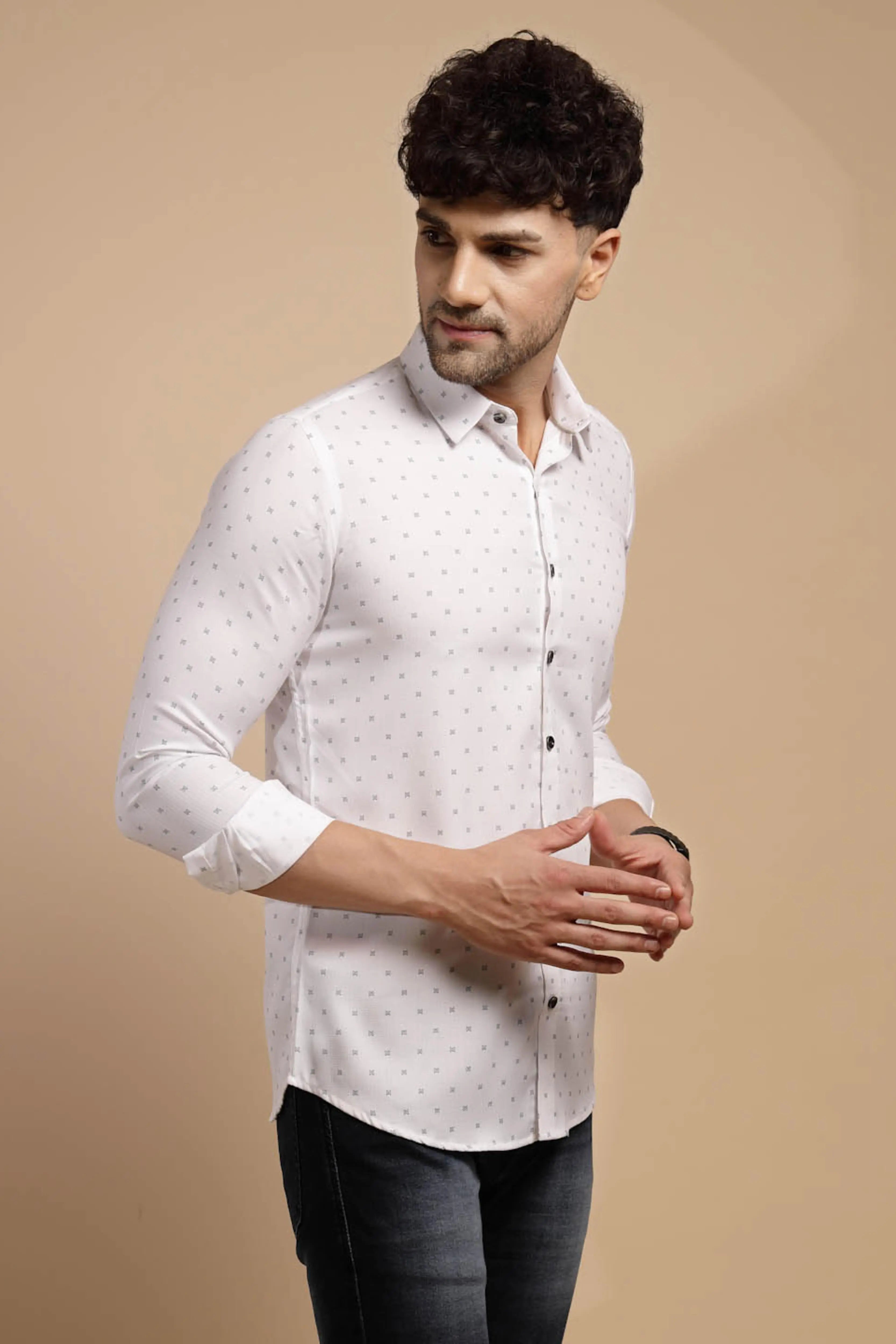 White Printed Full Sleeve Collared Neck  Shirt - Global Republic
