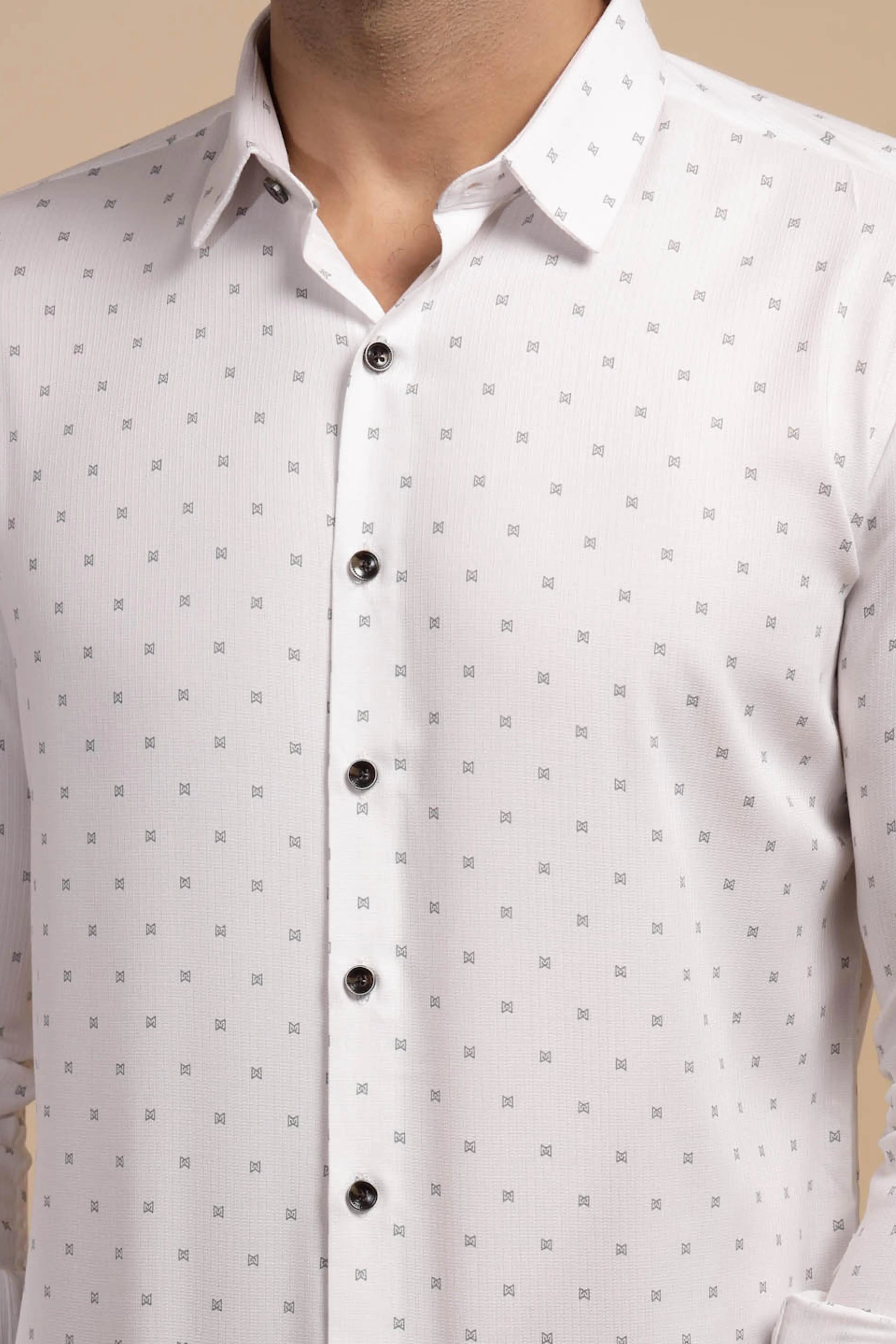 White Printed Full Sleeve Collared Neck Shirt - Global Republic